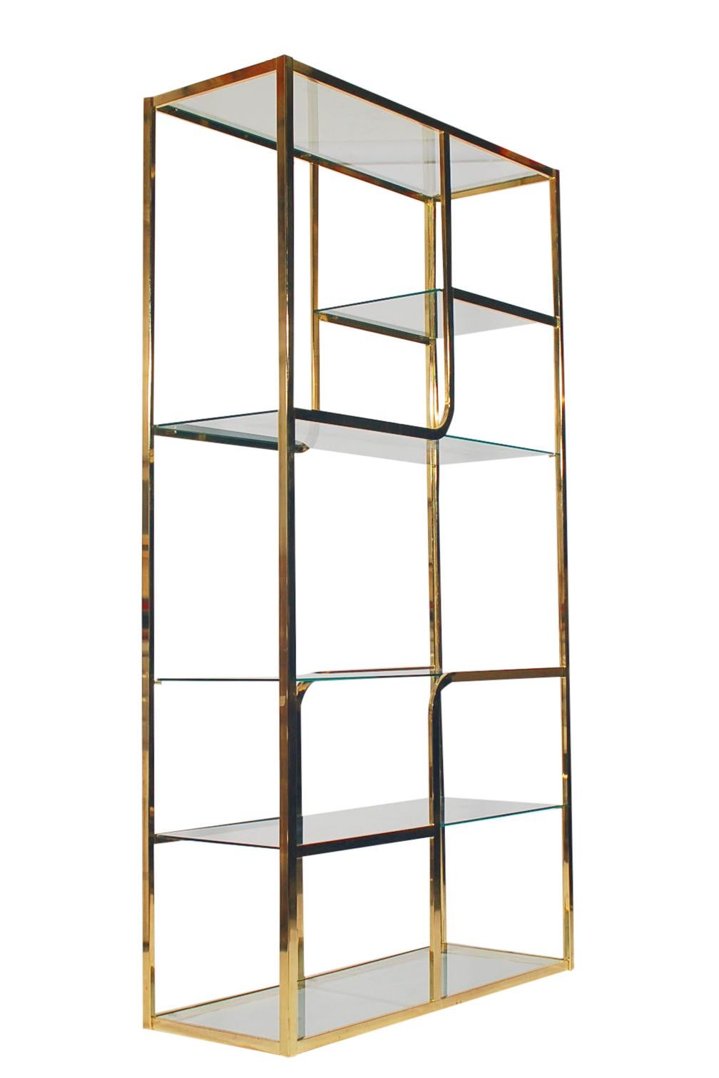 North American Mid-Century Modern Brass & Glass Étagère or Wall Unit after Milo Baughman
