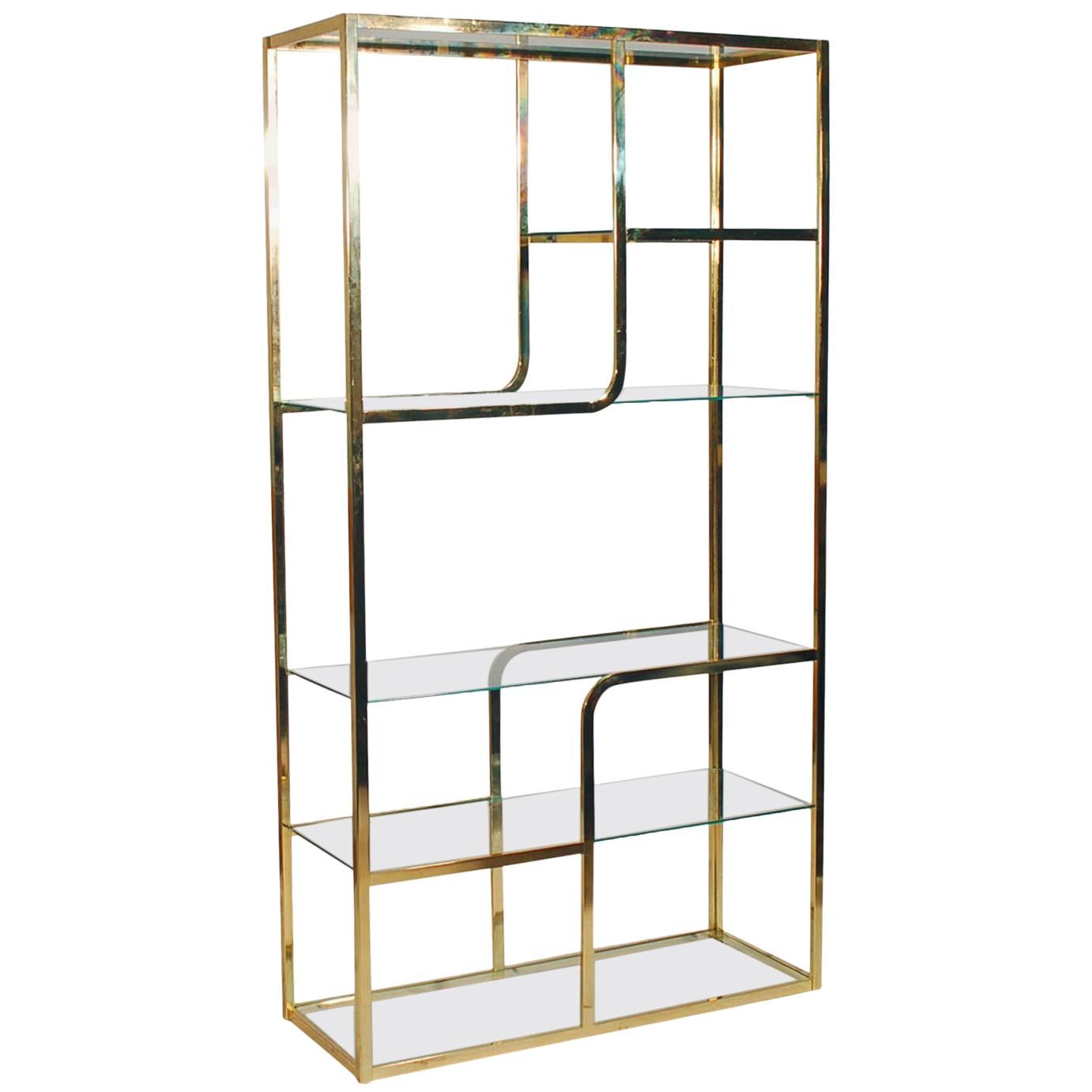 Mid-Century Modern Brass & Glass Étagère or Wall Unit after Milo Baughman