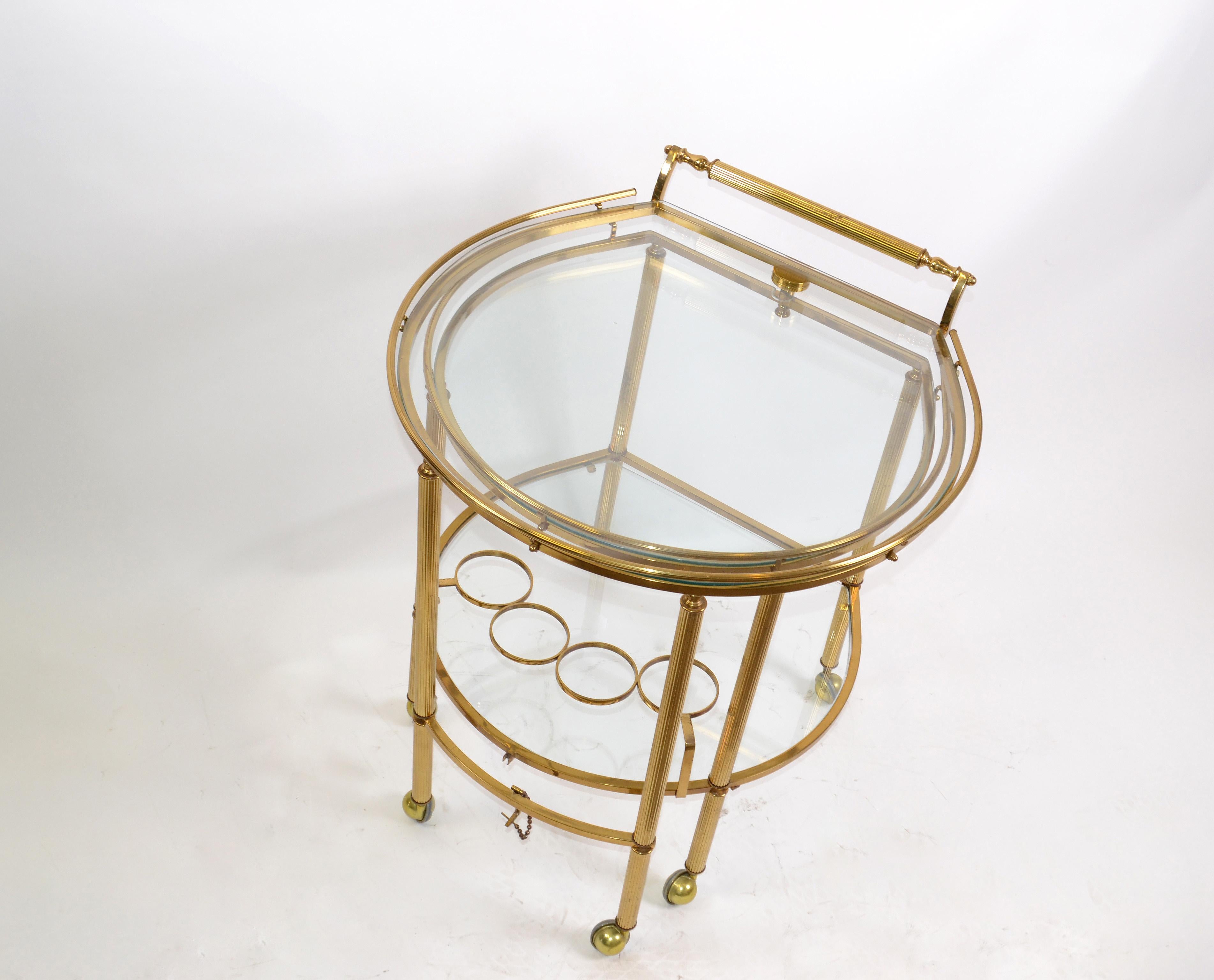 Italian Mid-Century Modern Brass and Glass Extendable Two Table Bar Cart Trolley, Italy