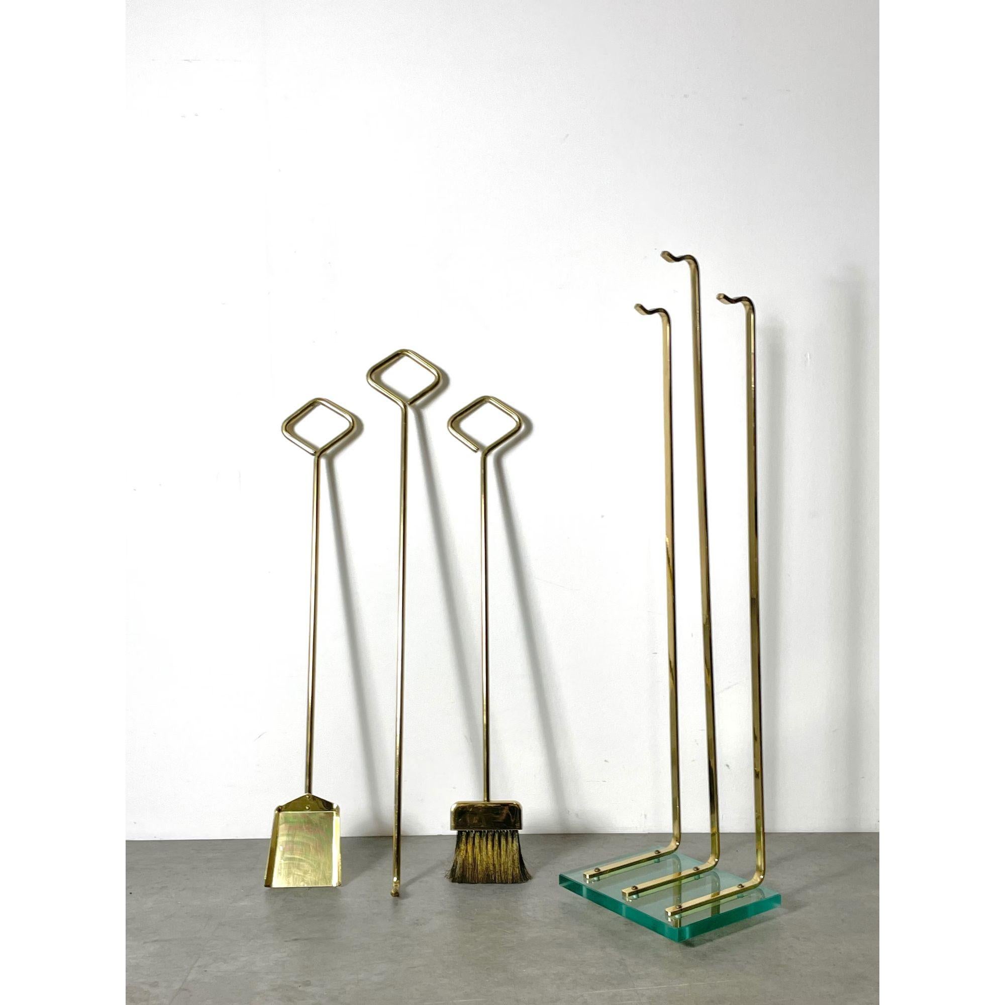 Mid Century Modern Brass & Glass Fireplace Tools Fontana Arte Attributed 1970s 3