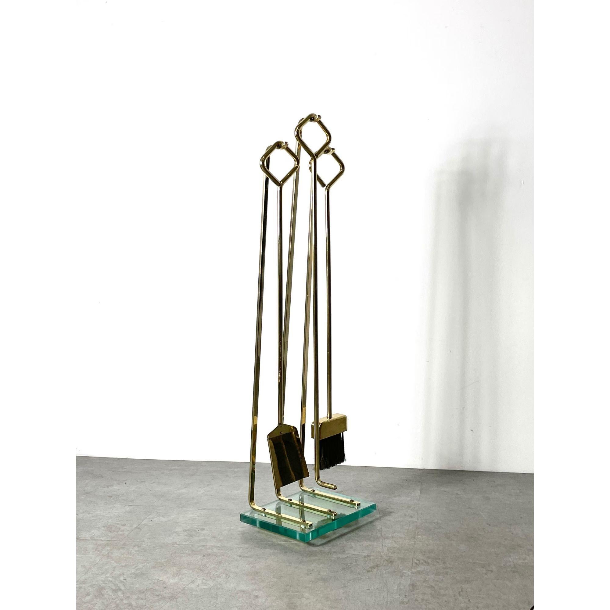 Italian Mid Century Modern Brass & Glass Fireplace Tools Fontana Arte Attributed 1970s