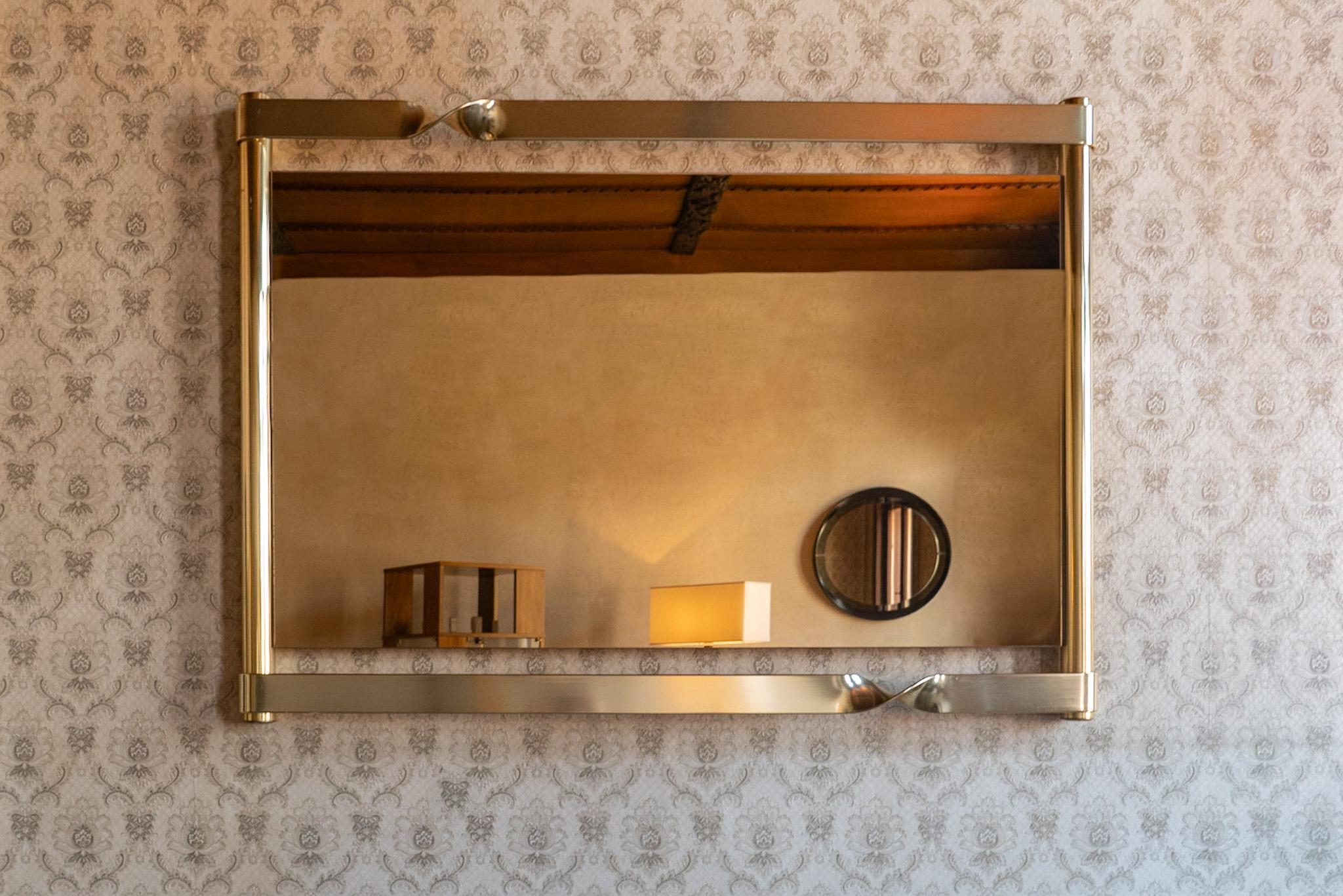 Italian Mid-Century Modern Brass Glass Mirror in the Style of Luciano Frigerio, 1970s. For Sale