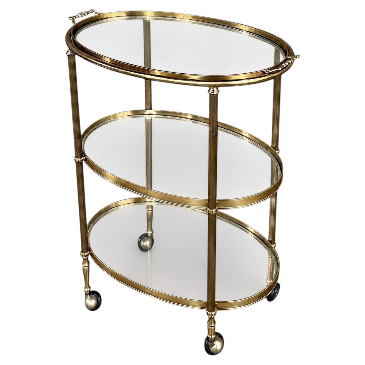Mid-Century Modern Brass & Glass Oval Bar Cart on Casters