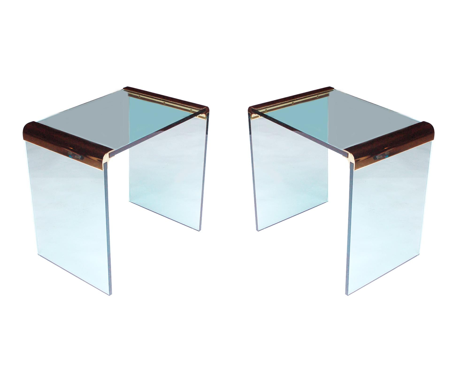 American Mid-Century Modern Brass & Glass Pair of End Tables by Leon Rosen for Pace