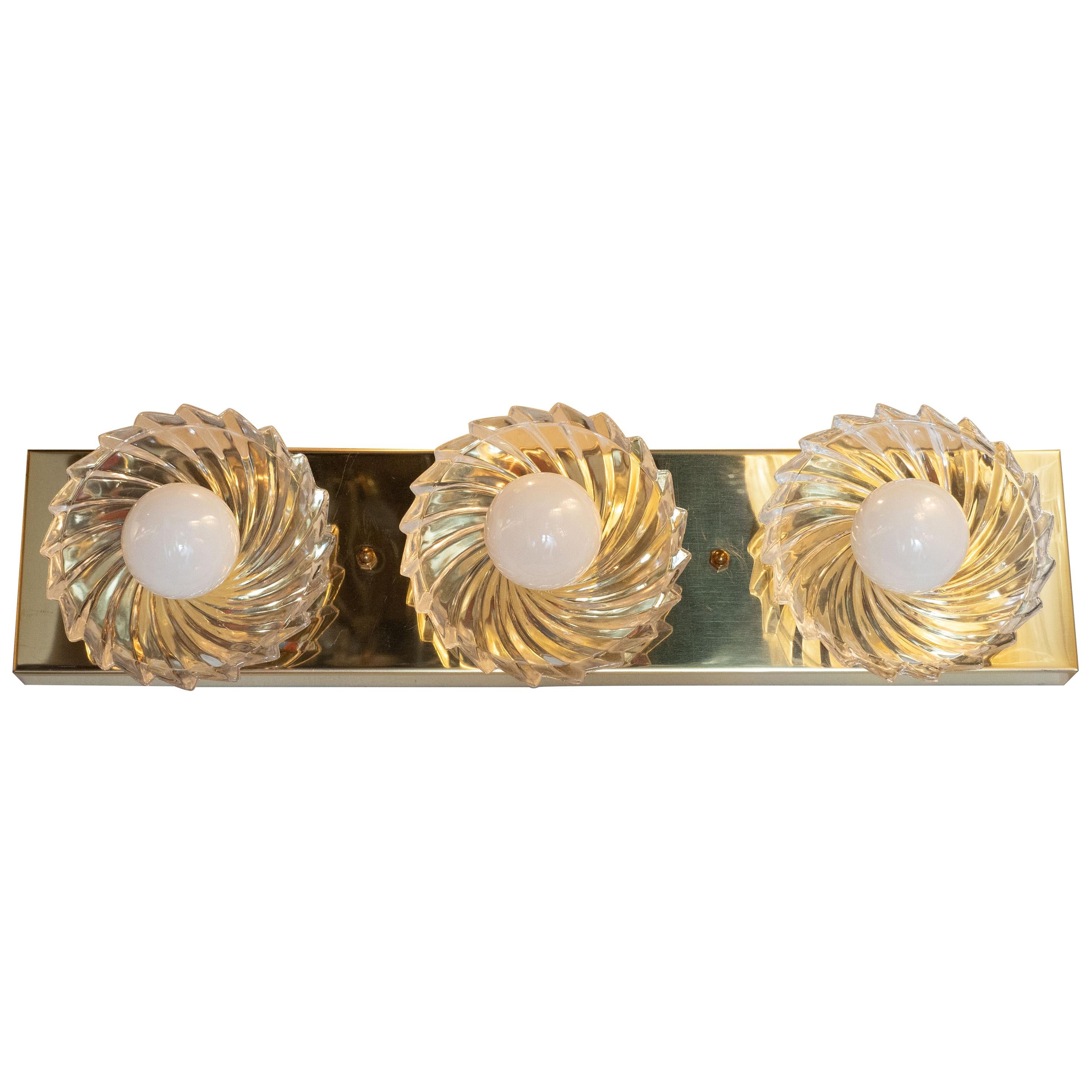 Mid-Century Modern Brass & Glass Pinwheel Three Bulb Vanity Light by Lightolier For Sale