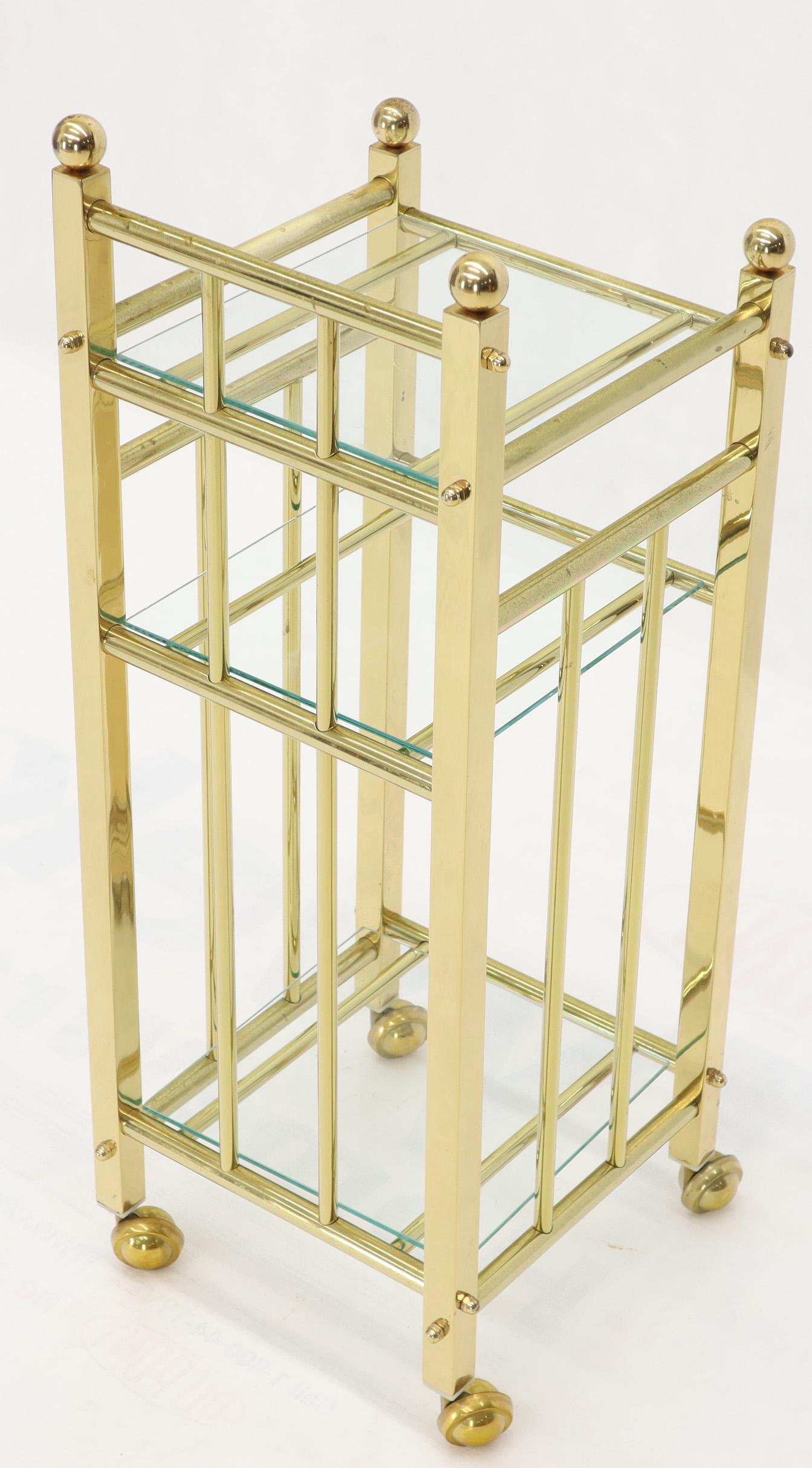 Polished Mid-Century Modern Brass and Glass Square Stand Table Cart Pedestal on Wheels For Sale