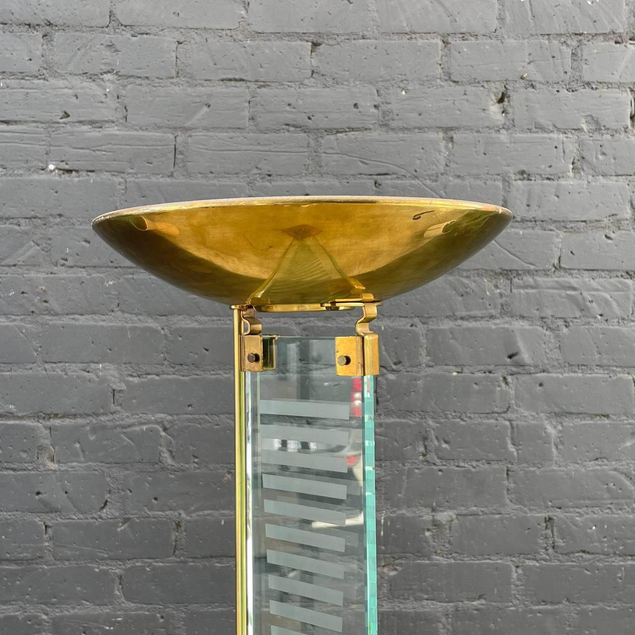 American Mid-Century Modern Brass & Glass Torchier Floor Lamp For Sale