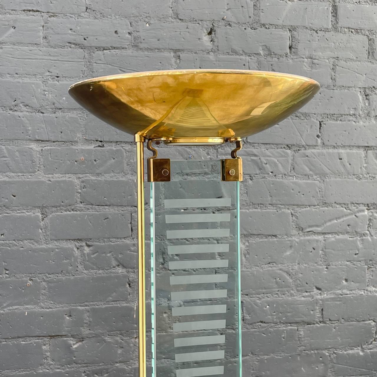 Mid-Century Modern Brass & Glass Torchier Floor Lamp For Sale 2