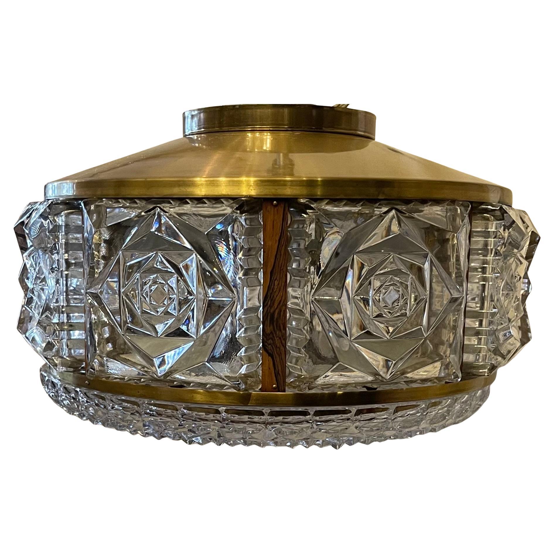 A Wonderful Mid Century Modern Brass With Inset Glass Panels And Faceted Glass Center Bowl With Wood Columns Ceiling Flush Mount Fixture By Carl Fagerlund Manufactured By Orrefors, This Fixture Has Been Rewired With 4 New Candelabra Sockets And