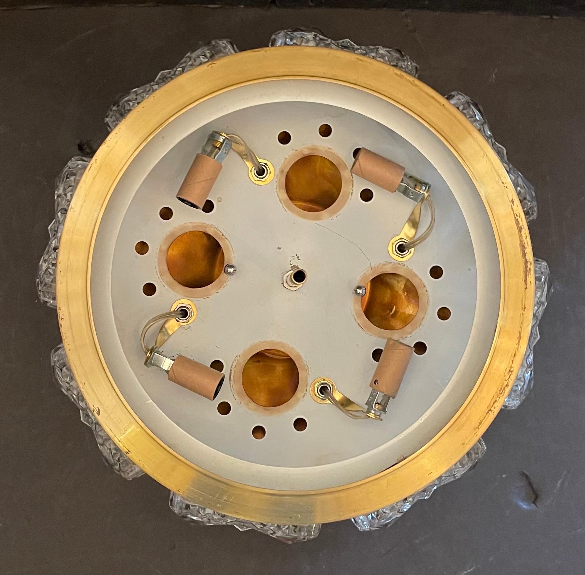 Mid-Century Modern Mid Century Modern Brass Glass Wood Carl Fagerlund Orrefors Flush Mount Fixture For Sale