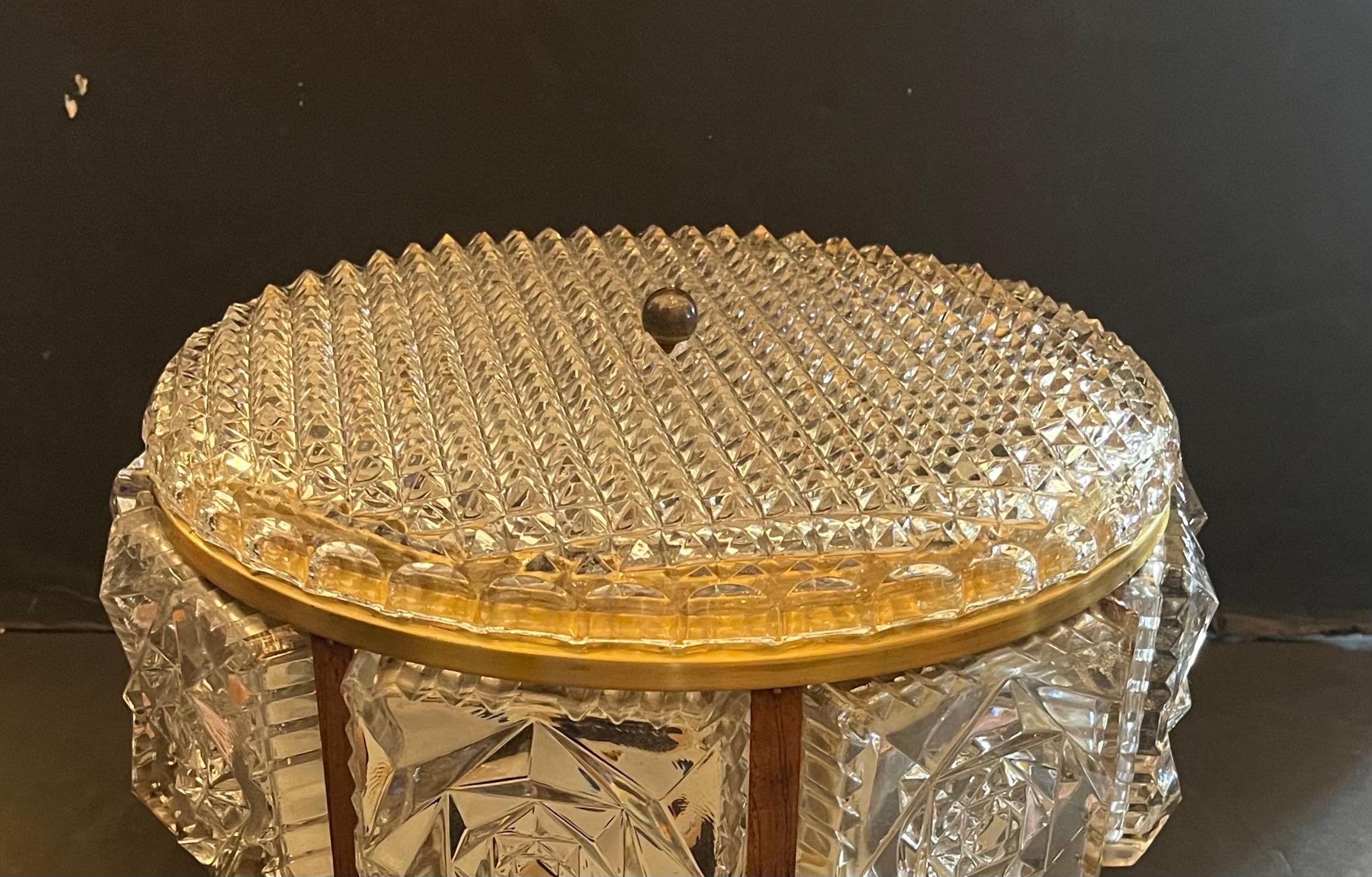 Mid Century Modern Brass Glass Wood Carl Fagerlund Orrefors Flush Mount Fixture In Good Condition For Sale In Roslyn, NY