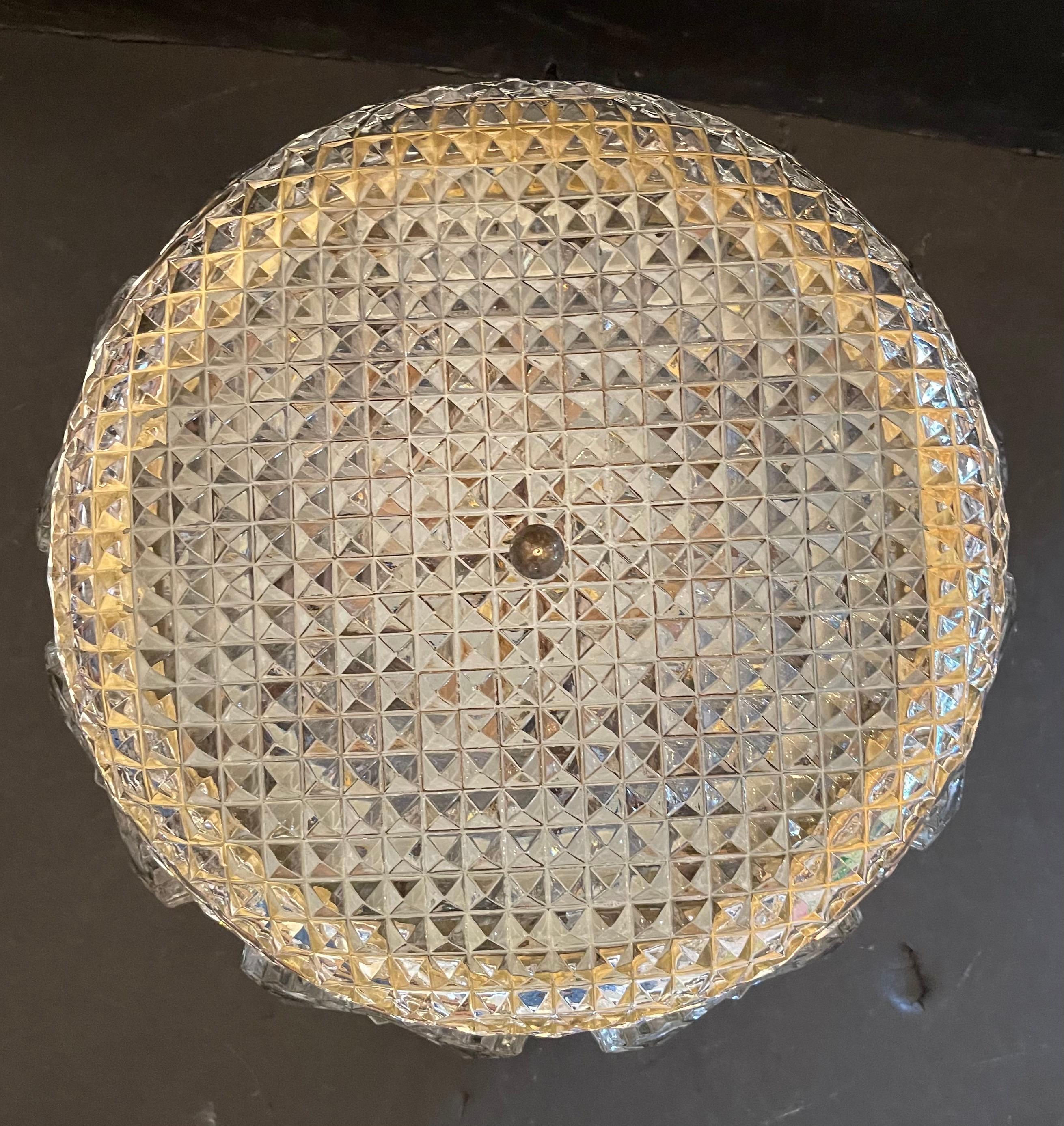 20th Century Mid Century Modern Brass Glass Wood Carl Fagerlund Orrefors Flush Mount Fixture For Sale