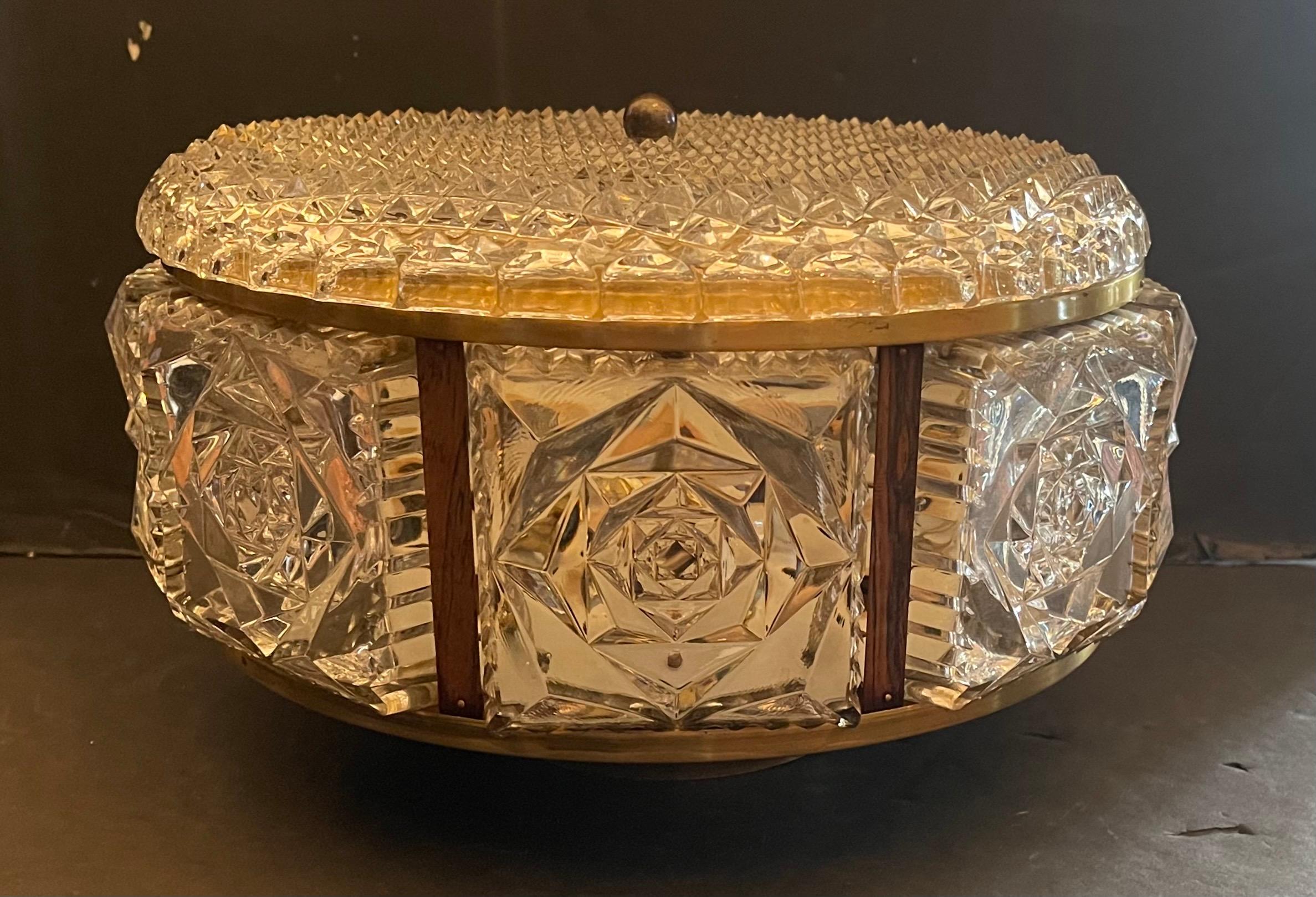 Mid Century Modern Brass Glass Wood Carl Fagerlund Orrefors Flush Mount Fixture For Sale 1
