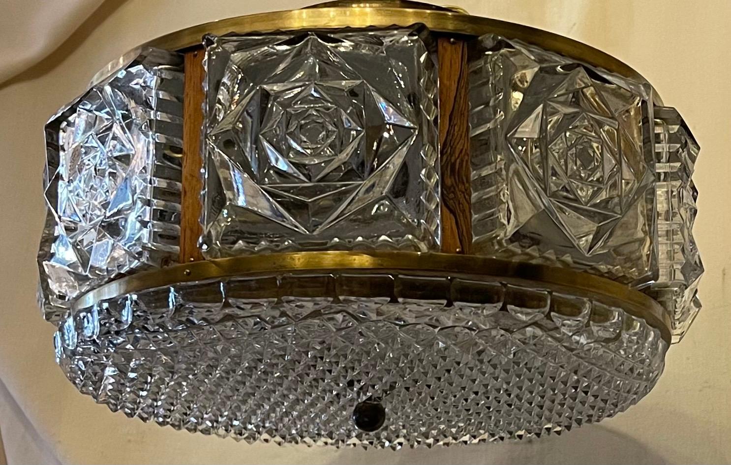 Mid Century Modern Brass Glass Wood Carl Fagerlund Orrefors Flush Mount Fixture For Sale 2