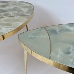 Mid-Century Modern Brass & Green Murano Art Glass Set of Three Coffee Tables