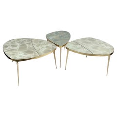 Mid-Century Modern Brass & Green Murano Art Glass Set of Three Coffee Tables