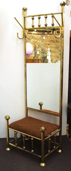 Mid-Century Modern Brass Hall Tree With Upholstered Bench