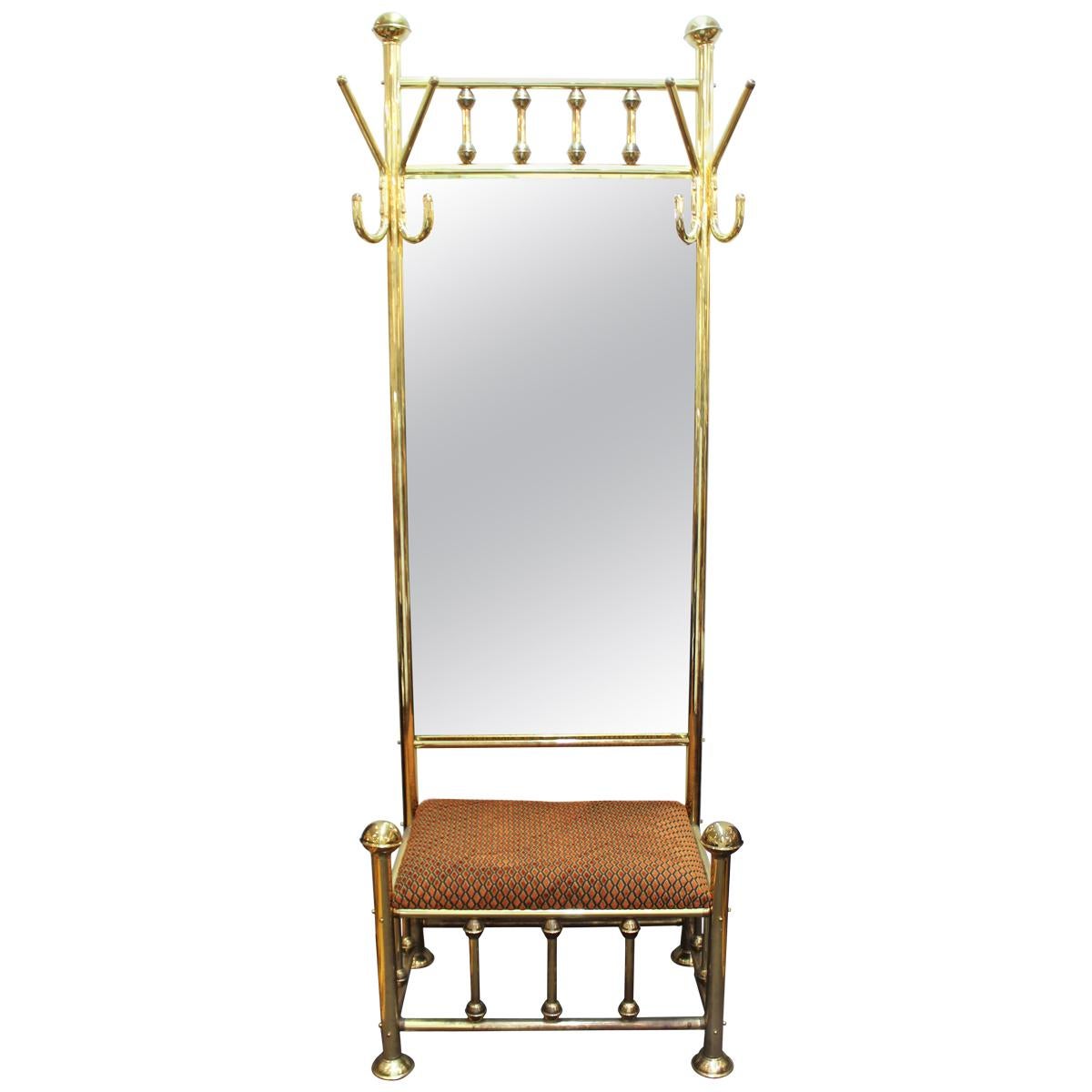 Mid-Century Modern Brass Hall Tree With Upholstered Bench