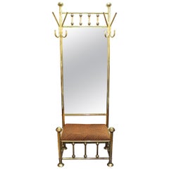 Mid-Century Modern Brass Hall Tree With Upholstered Bench