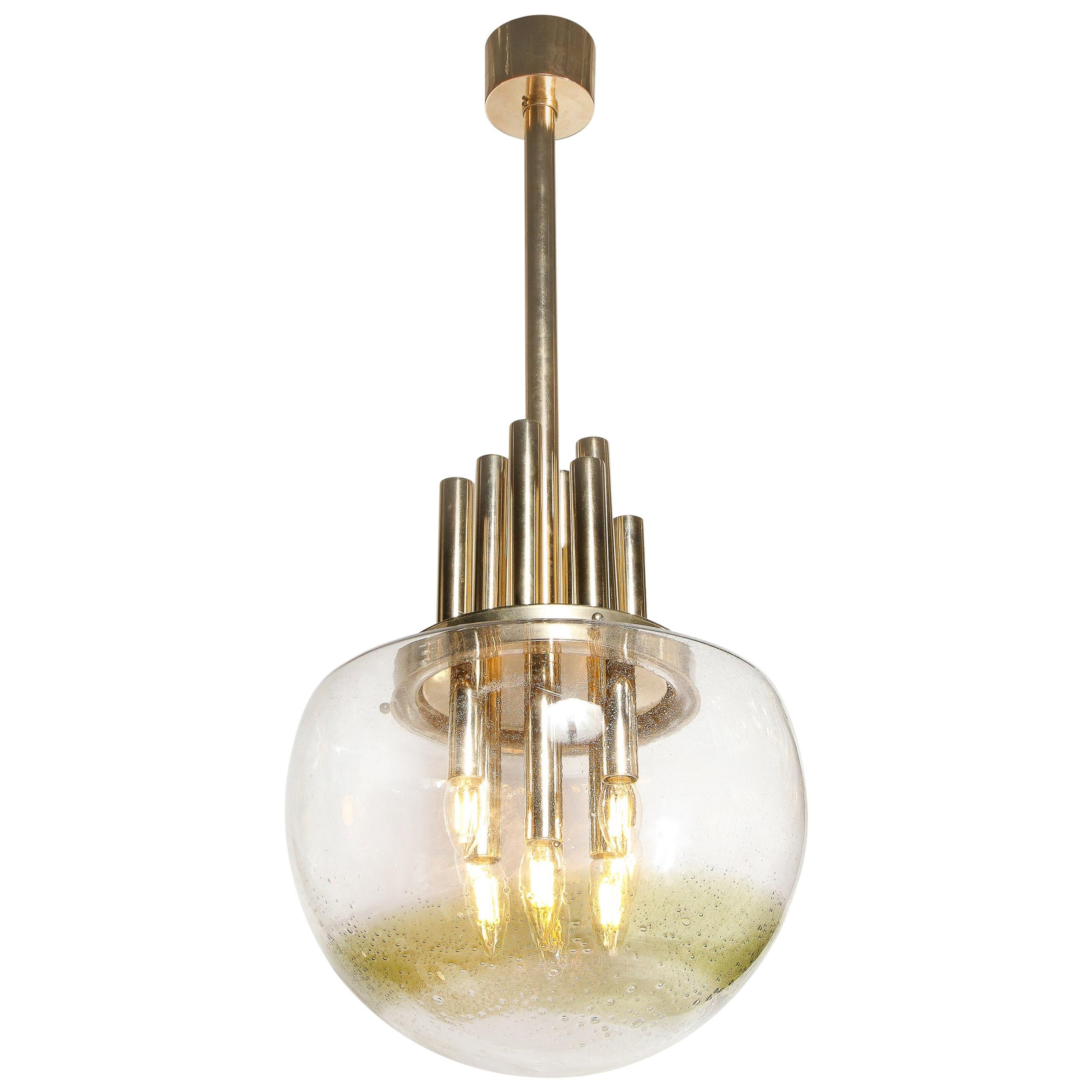 Mid-Century Modern Brass & Hand Blown Translucent/ Topaz Murano Glass Chandelier For Sale