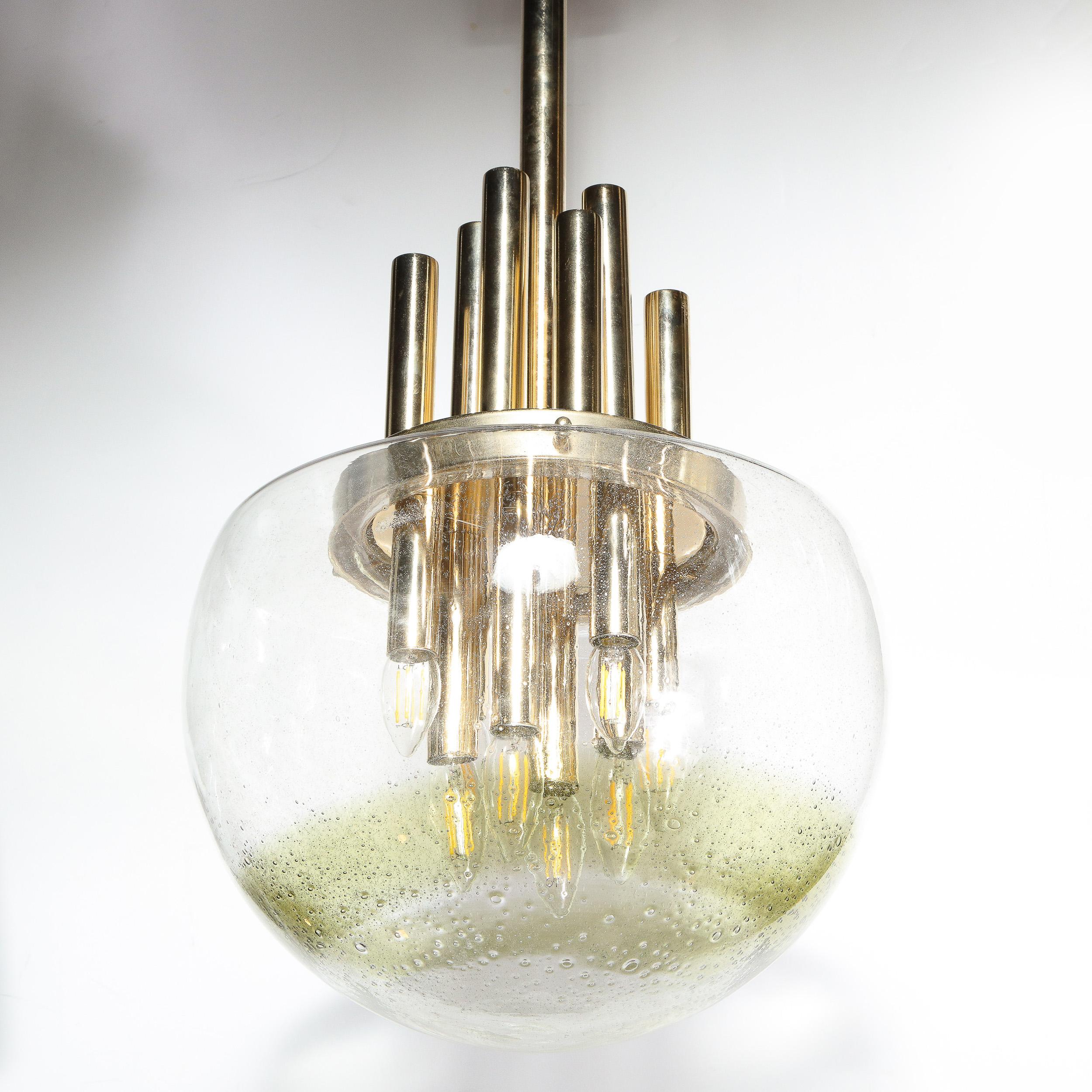 Mid-Century Modern Brass & Hand Blown Translucent/ Topaz Murano Glass Chandelier For Sale 5