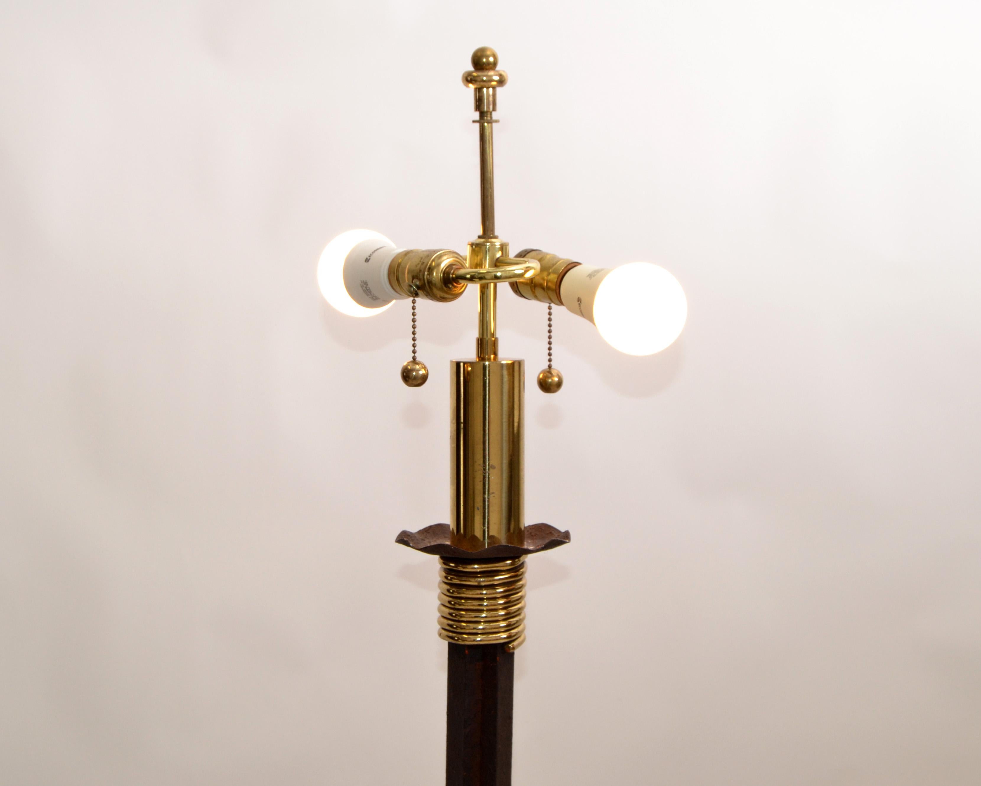 American Mid-Century Modern Brass & Handcrafted Cast Iron Floor Lamp on Tripod Base 1970s For Sale