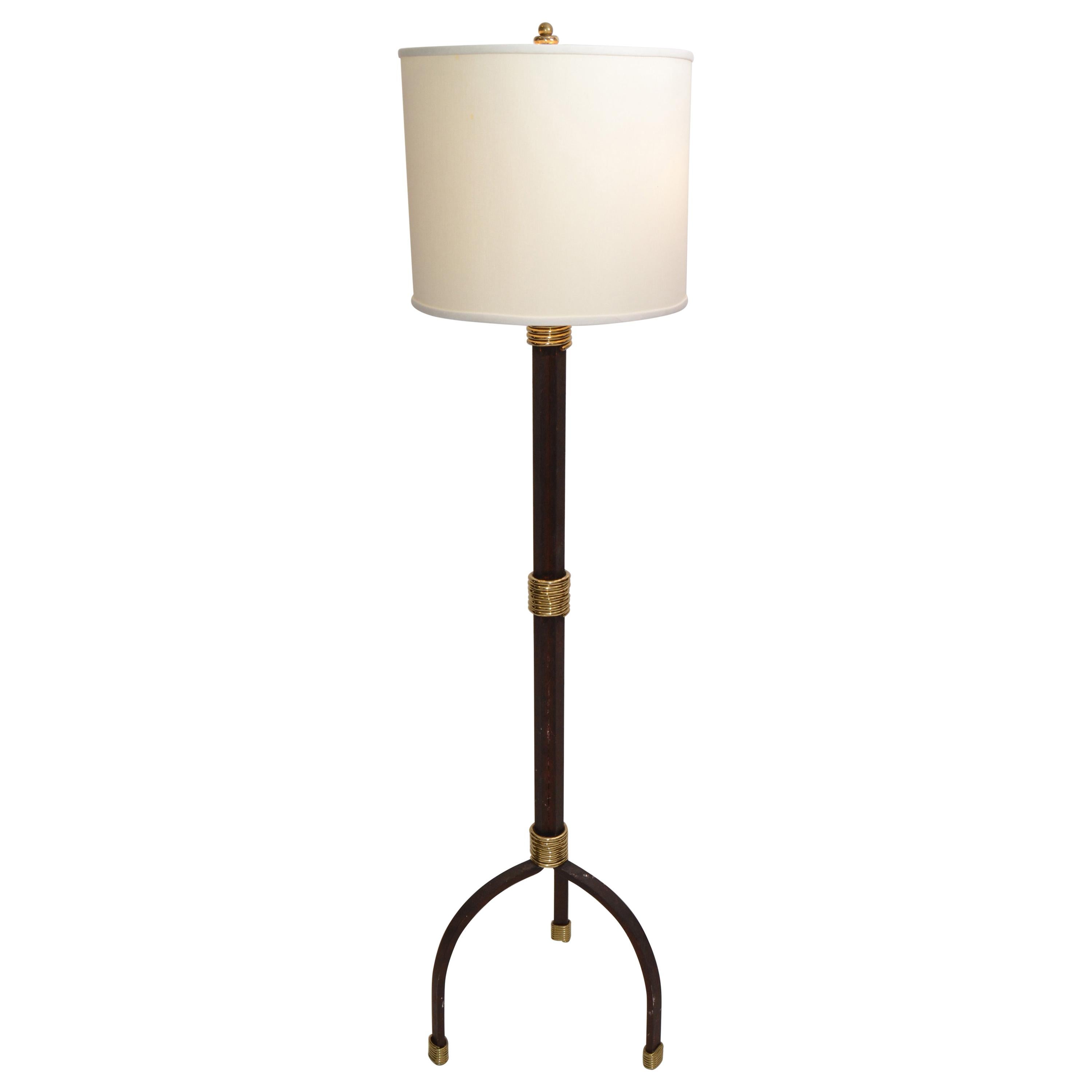 Mid-Century Modern Brass & Handcrafted Cast Iron Floor Lamp on Tripod Base 1970s For Sale
