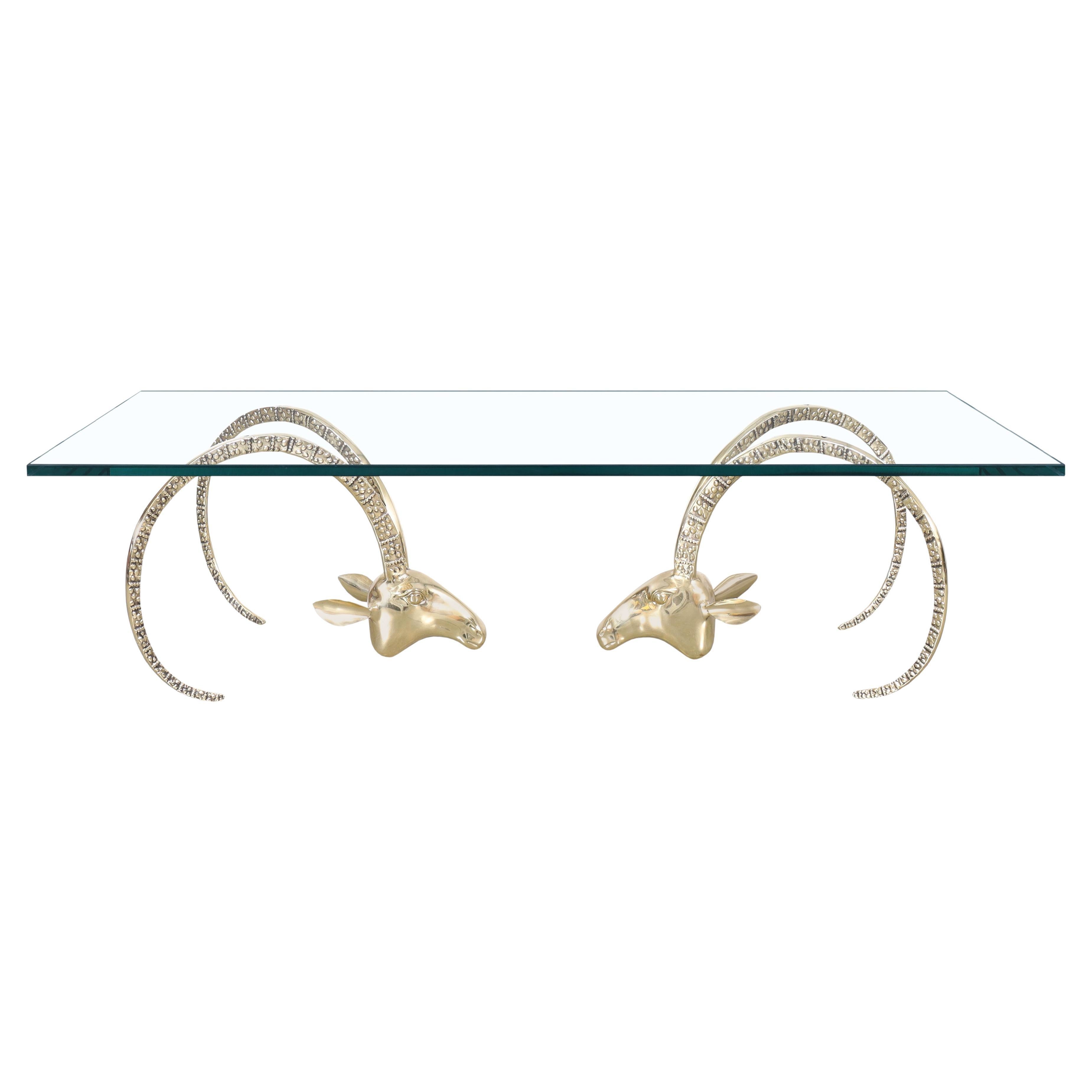 Mid-Century Modern Brass Ibex Ram's Head Coffee Table Styled After Alain Chervet For Sale