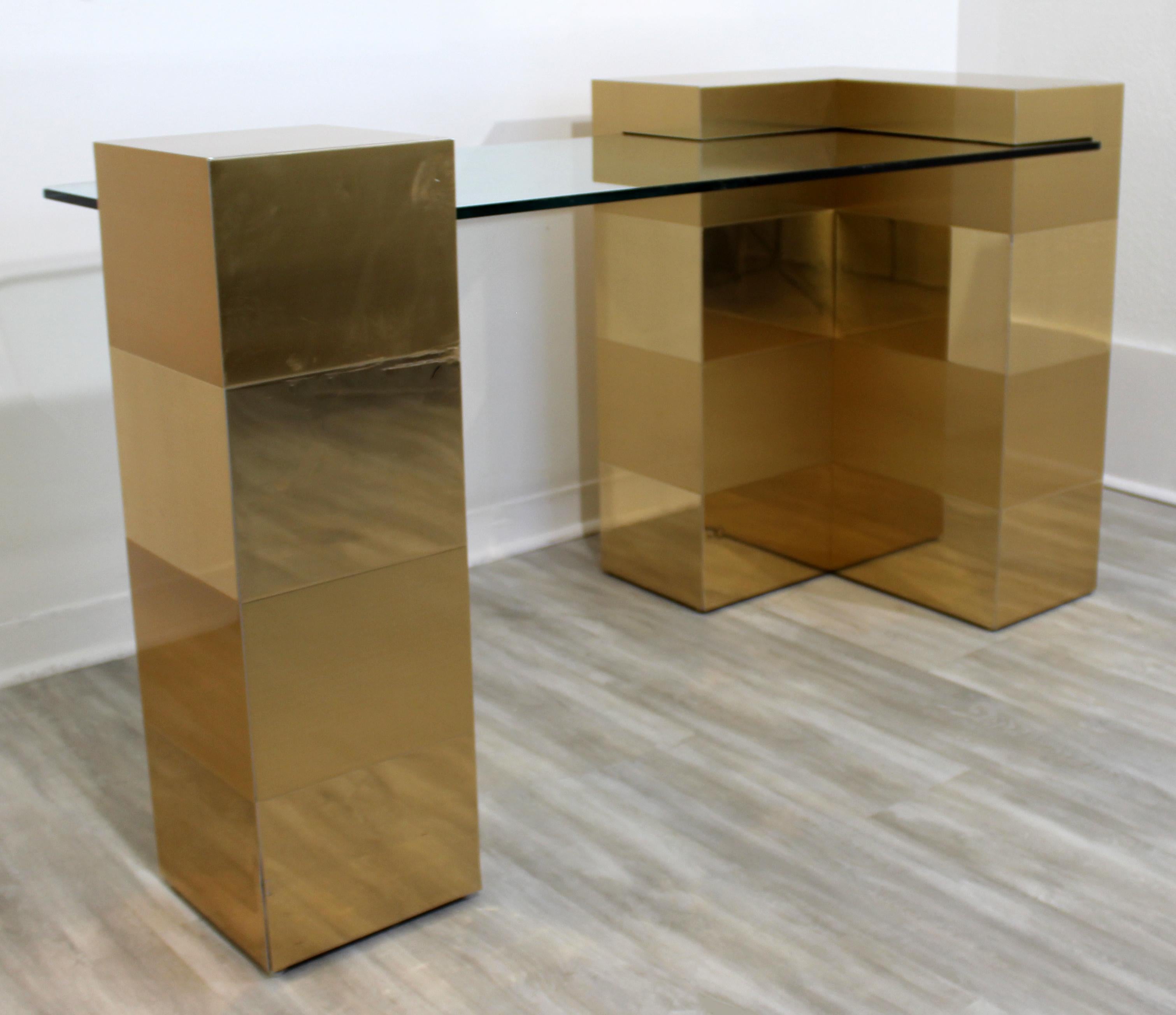 Late 20th Century Mid-Century Modern Brass Interlocking Glass Desk Paul Evans Cityscape Style