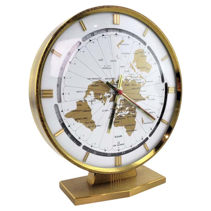 Mid-Century Modern Brass Kundo German World Globe Desk or Table Clock ...