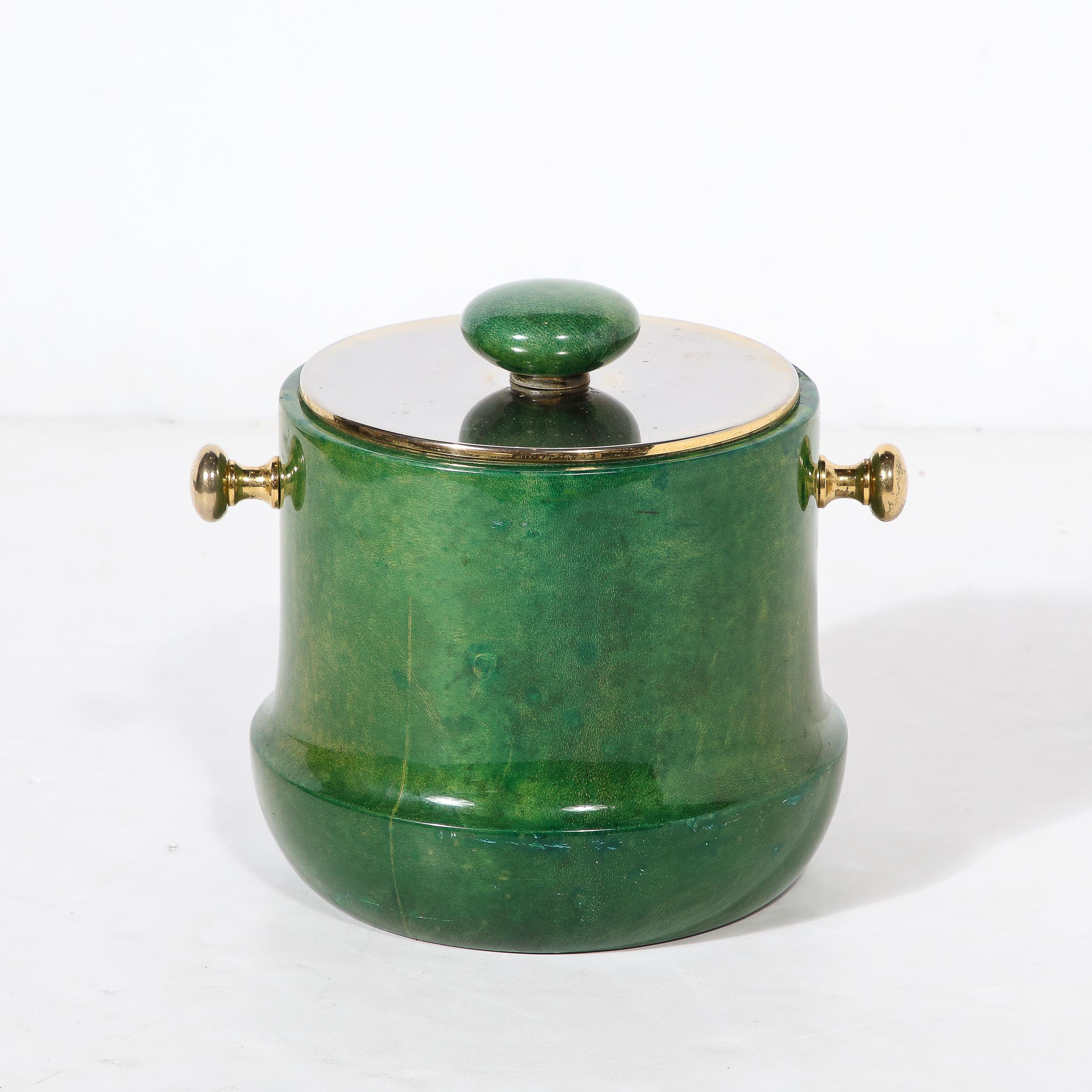 Mid-Century Modern Brass & Lacquered Viridian Goatskin Ice Bucket by Aldo Tura 5