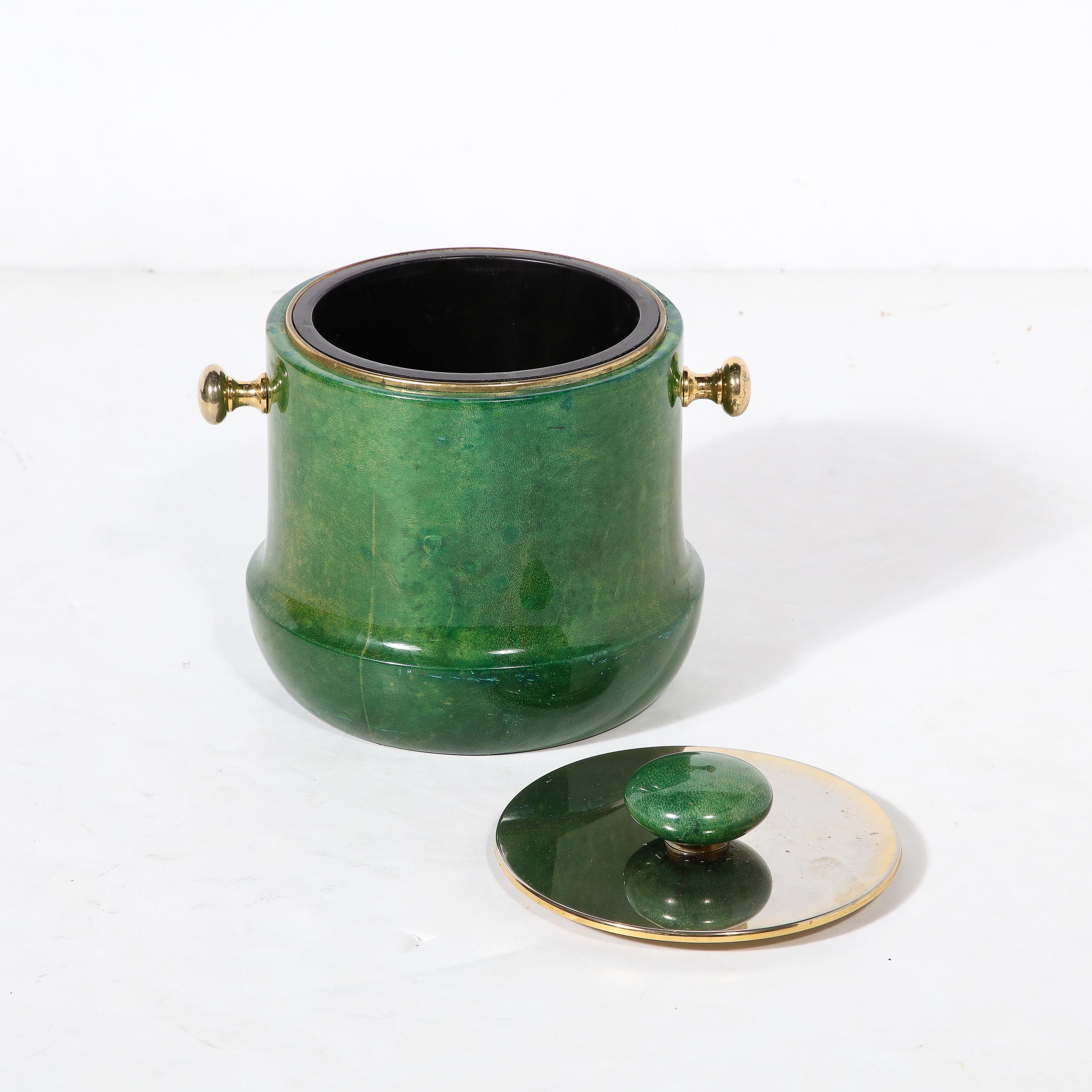 Mid-Century Modern Brass & Lacquered Viridian Goatskin Ice Bucket by Aldo Tura 6