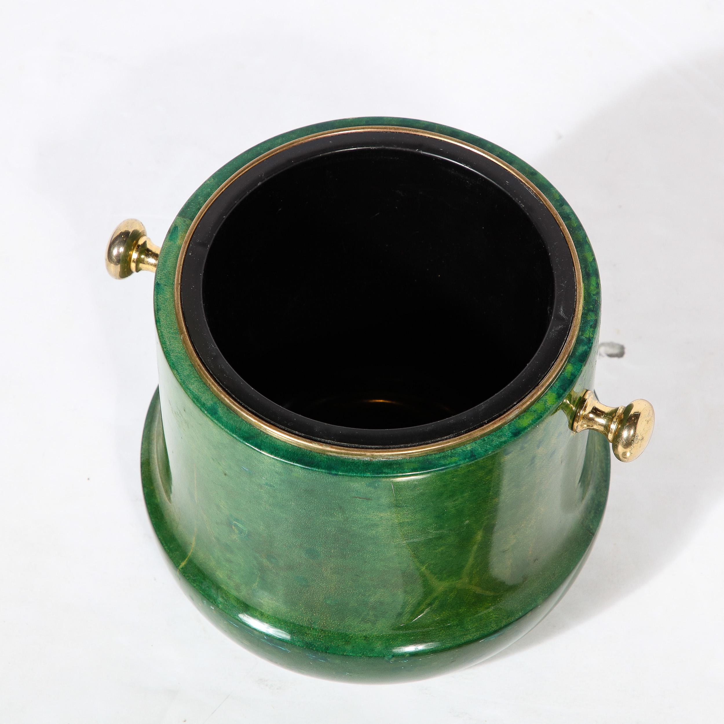 Mid-Century Modern Brass & Lacquered Viridian Goatskin Ice Bucket by Aldo Tura For Sale 9