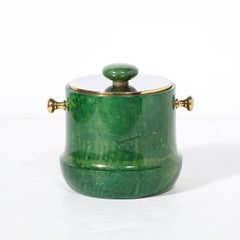 Mid-Century Modern Brass & Lacquered Viridian Goatskin Ice Bucket by Aldo Tura