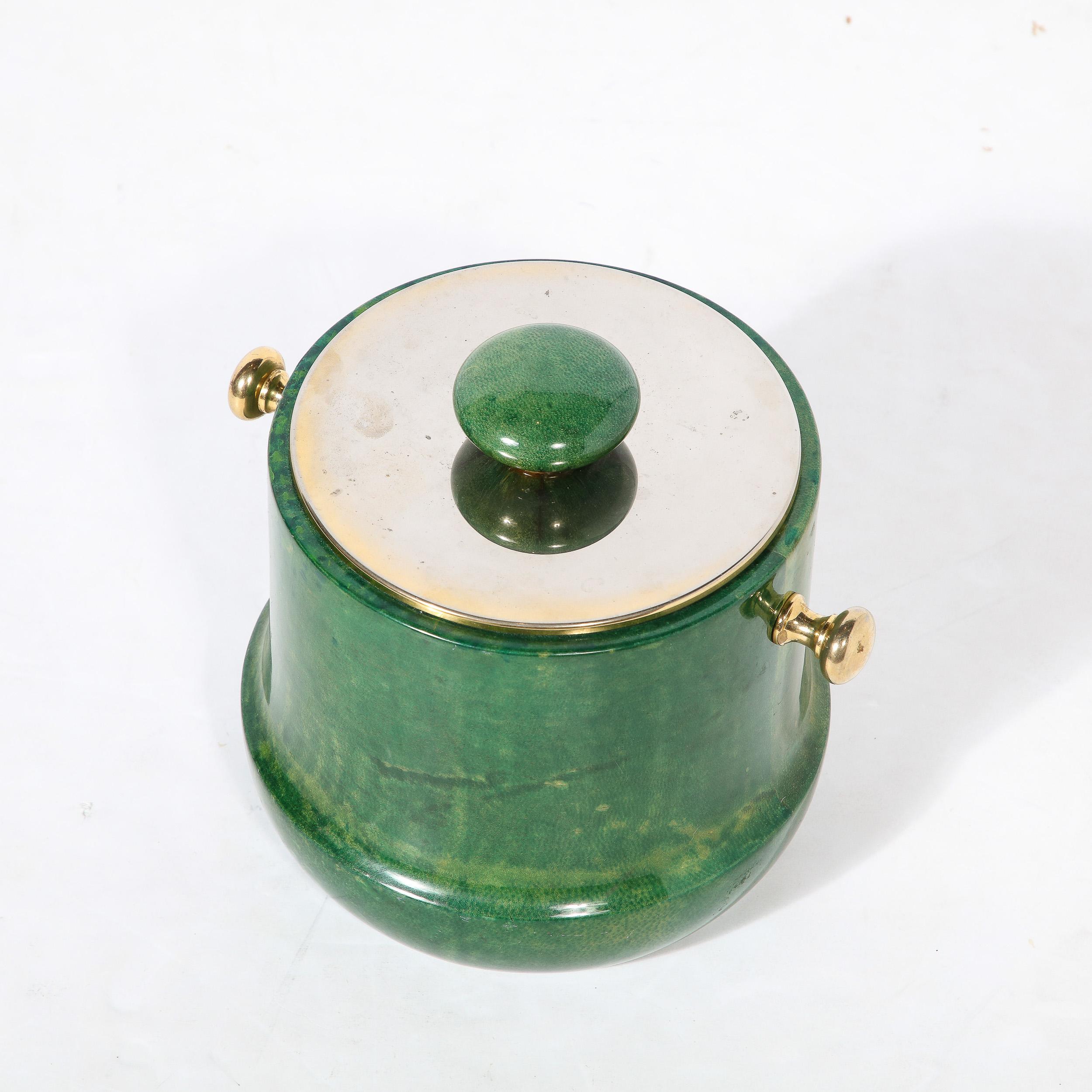 Italian Mid-Century Modern Brass & Lacquered Viridian Goatskin Ice Bucket by Aldo Tura For Sale