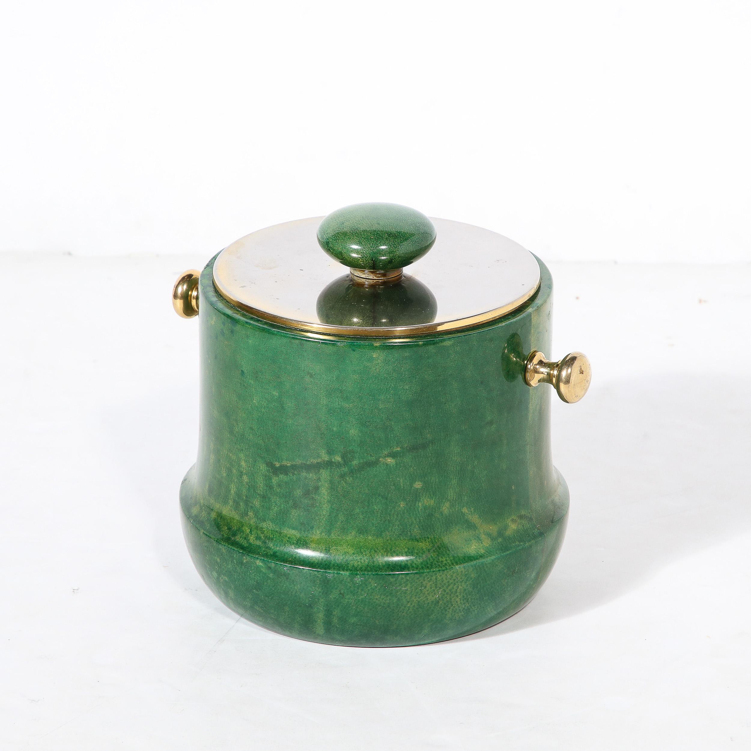 Mid-Century Modern Brass & Lacquered Viridian Goatskin Ice Bucket by Aldo Tura In Excellent Condition For Sale In New York, NY