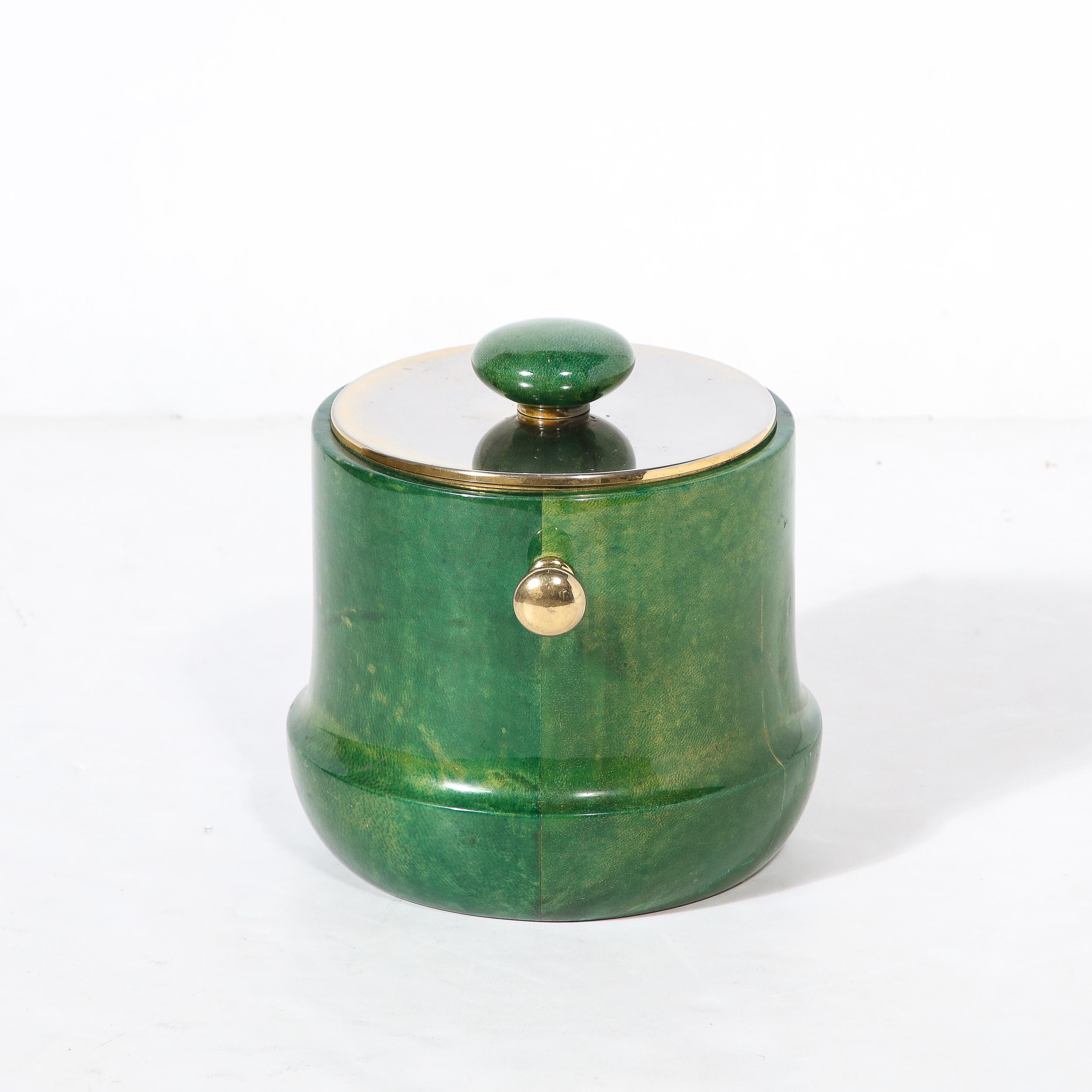 Mid-20th Century Mid-Century Modern Brass & Lacquered Viridian Goatskin Ice Bucket by Aldo Tura For Sale