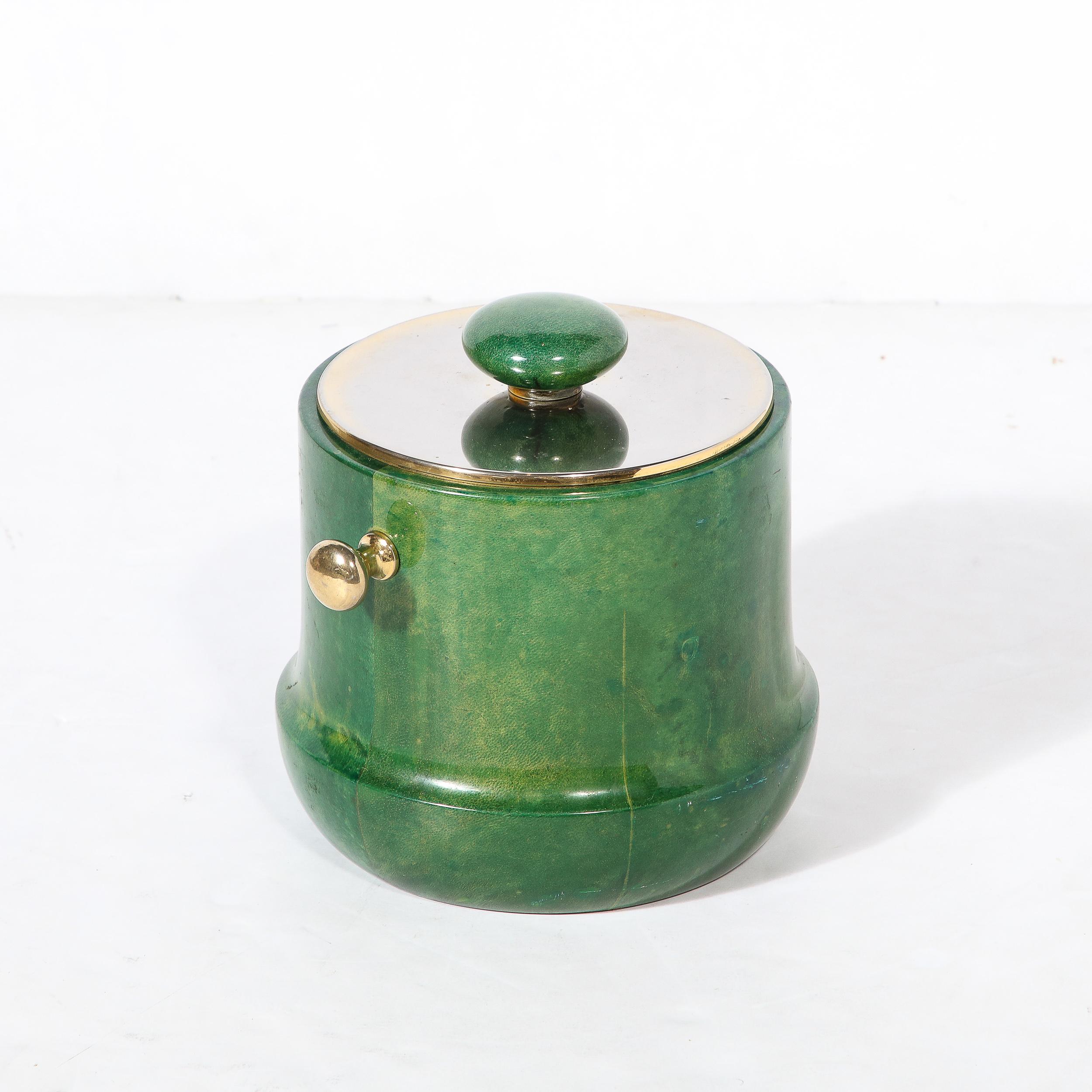 Mid-Century Modern Brass & Lacquered Viridian Goatskin Ice Bucket by Aldo Tura For Sale 1