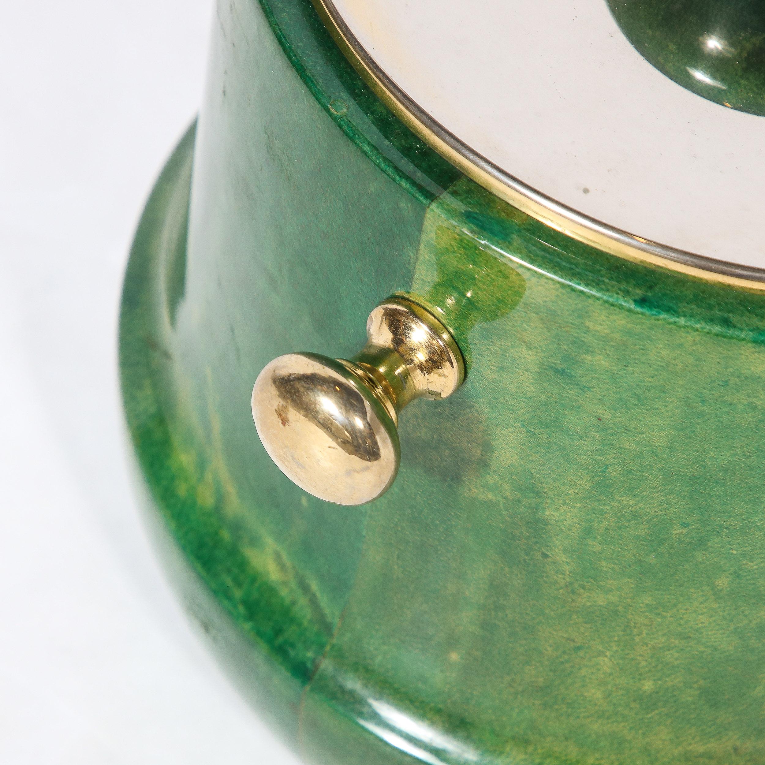 Mid-Century Modern Brass & Lacquered Viridian Goatskin Ice Bucket by Aldo Tura 2