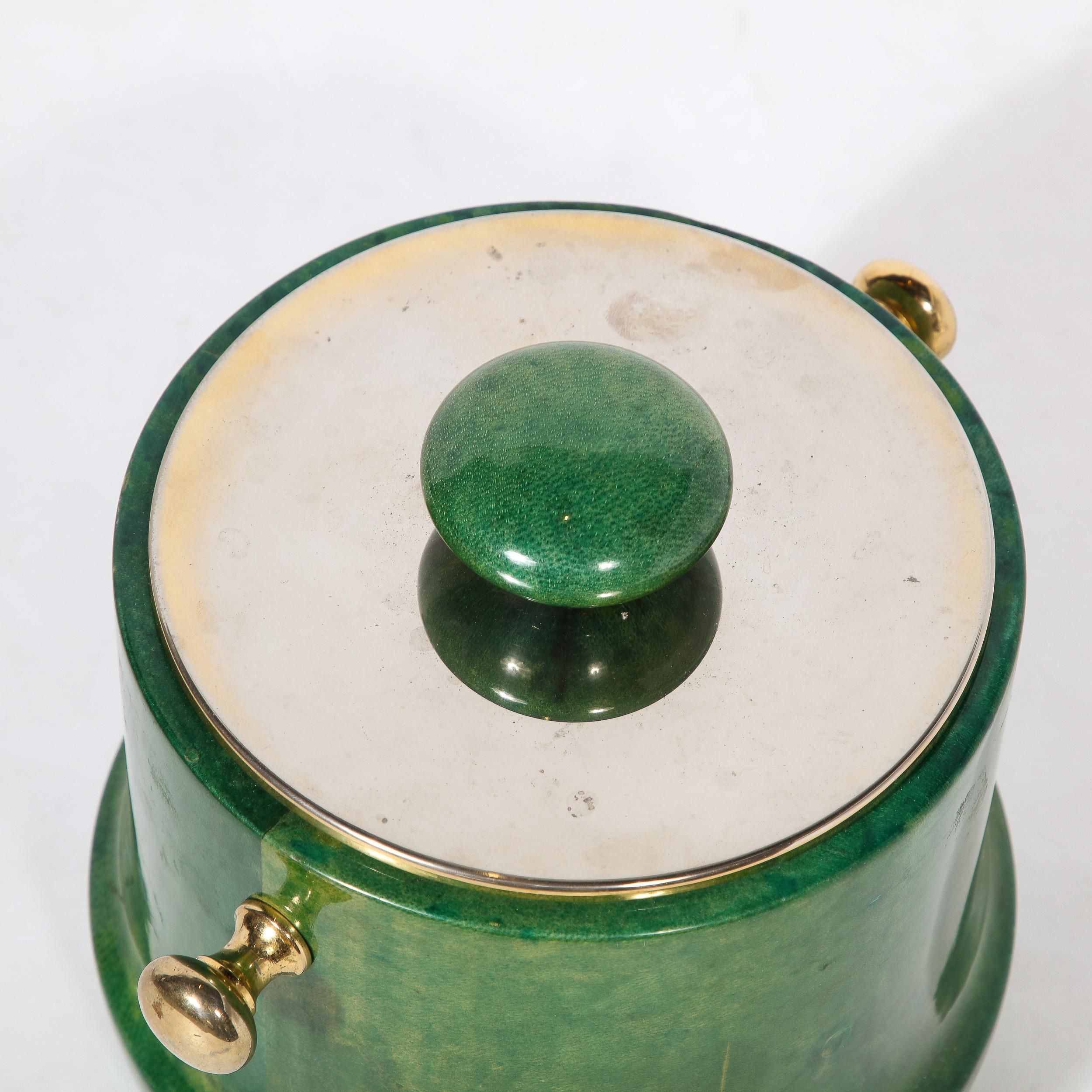 Mid-Century Modern Brass & Lacquered Viridian Goatskin Ice Bucket by Aldo Tura 3
