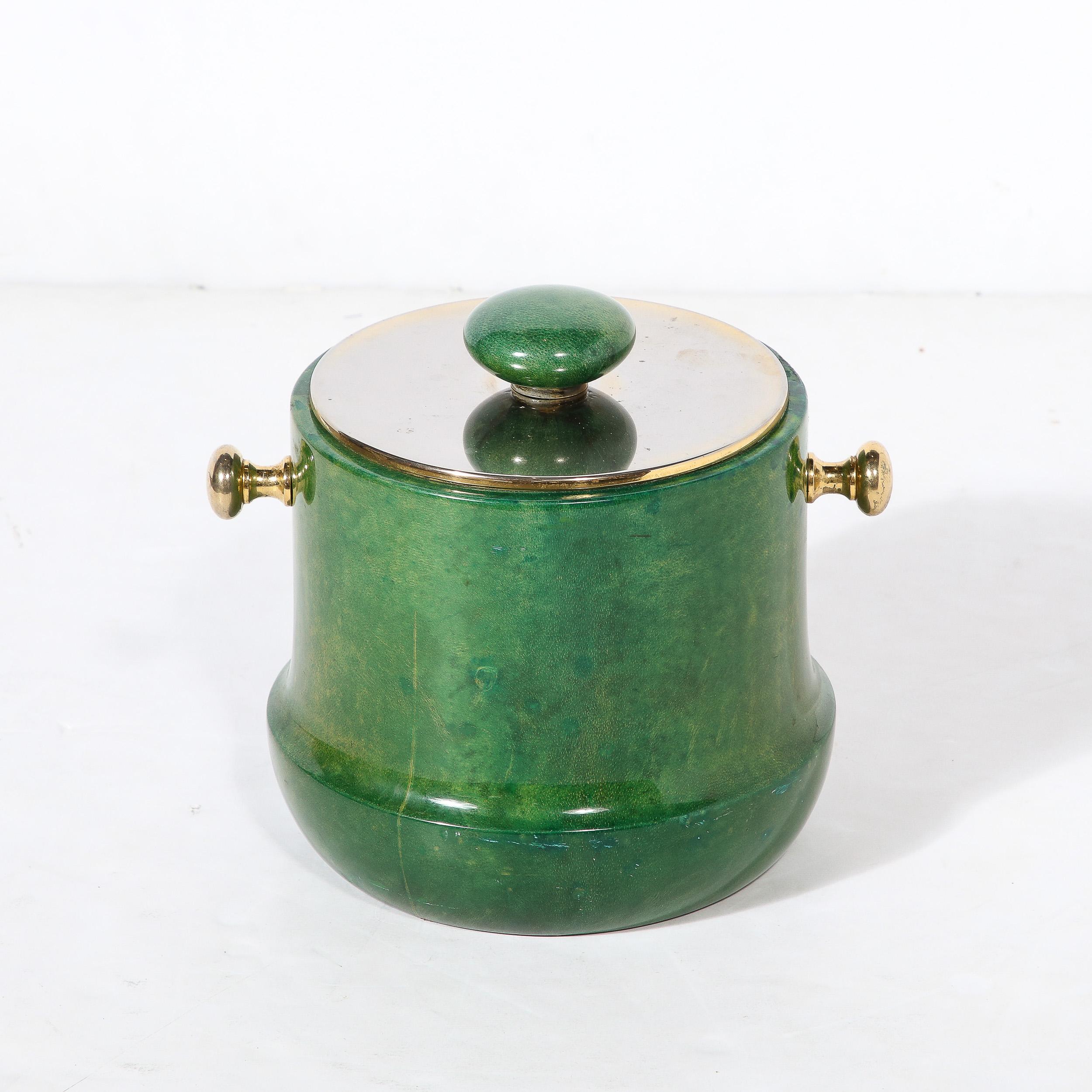Mid-Century Modern Brass & Lacquered Viridian Goatskin Ice Bucket by Aldo Tura 4