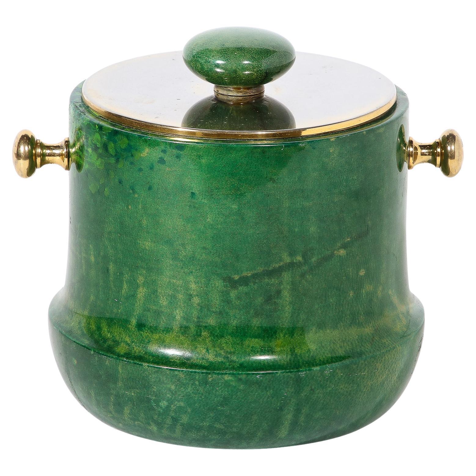 Mid-Century Modern Brass & Lacquered Viridian Goatskin Ice Bucket by Aldo Tura