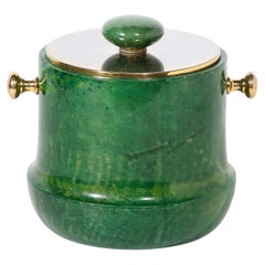 Mid-Century Modern Brass & Lacquered Viridian Goatskin Ice Bucket by Aldo Tura