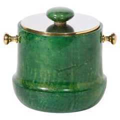 Retro Mid-Century Modern Brass & Lacquered Viridian Goatskin Ice Bucket by Aldo Tura