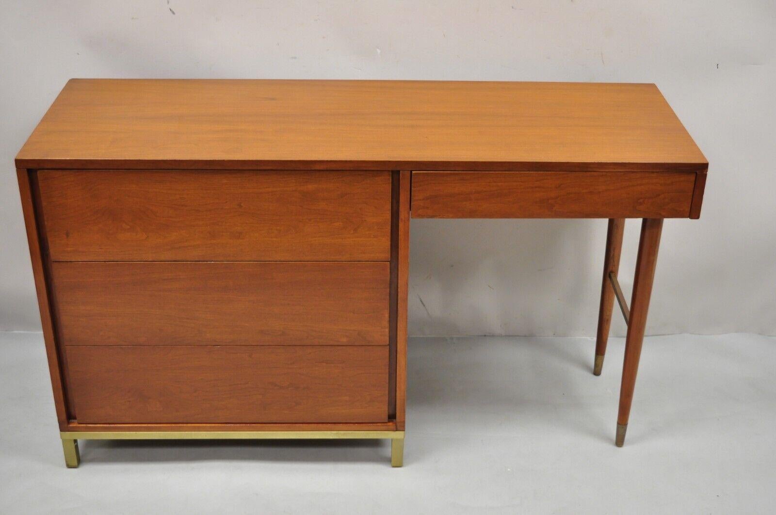 Mid Century Modern Brass Legs and Base Walnut Kneehole Writing Desk Modernist For Sale 7