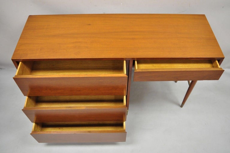 Mid Century Modern Brass Legs and Base Walnut Kneehole Writing Desk Modernist For Sale 1