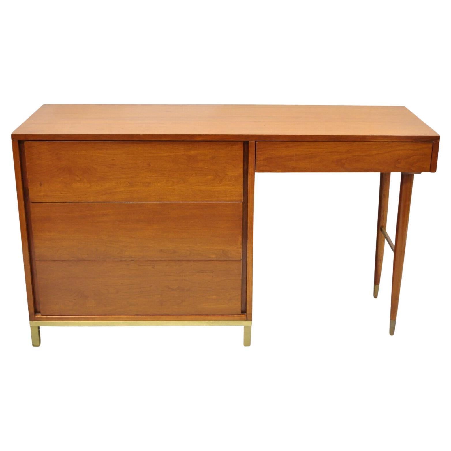 Mid Century Modern Brass Legs and Base Walnut Kneehole Writing Desk Modernist For Sale