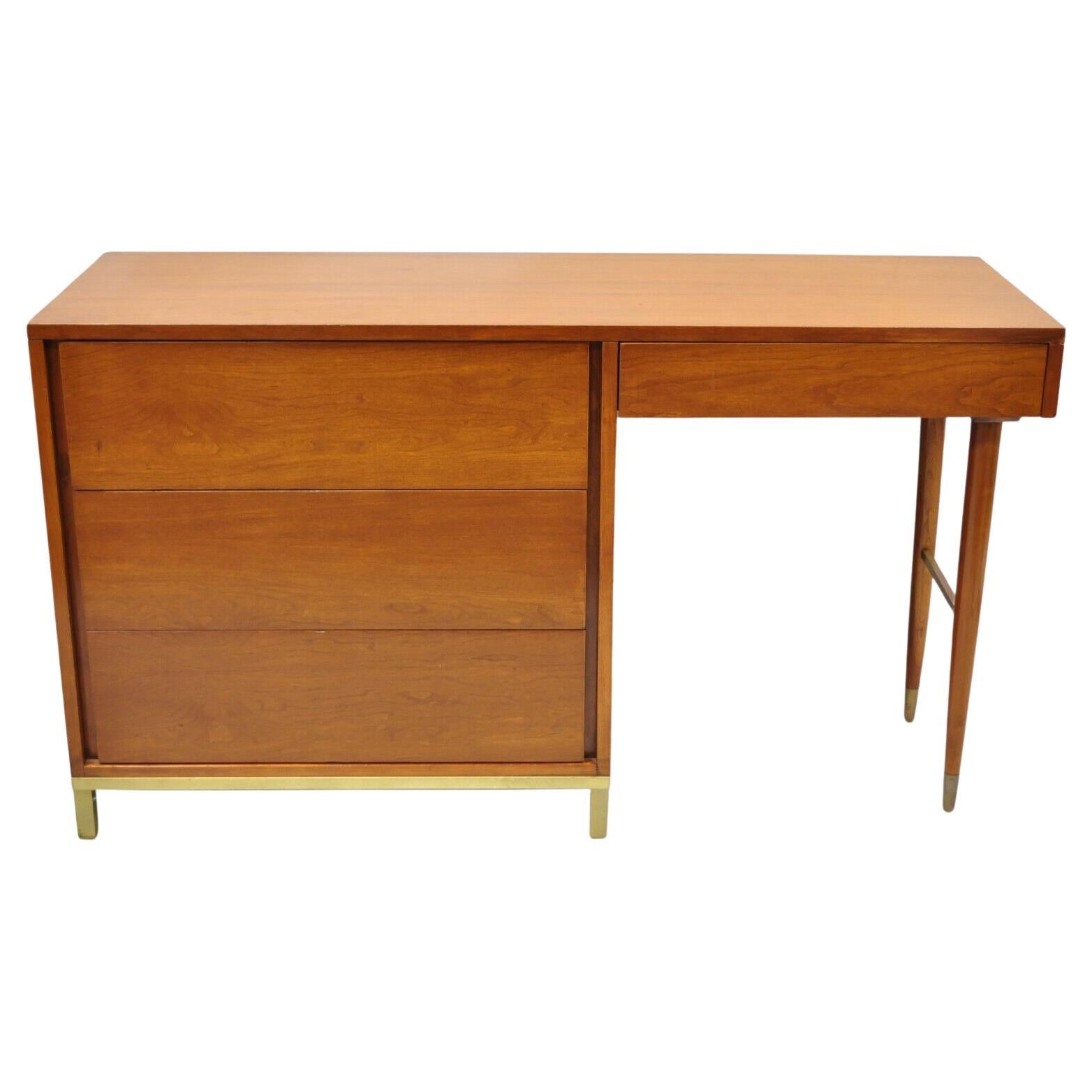 Mid Century Modern Brass Legs and Base Walnut Kneehole Writing Desk Modernist