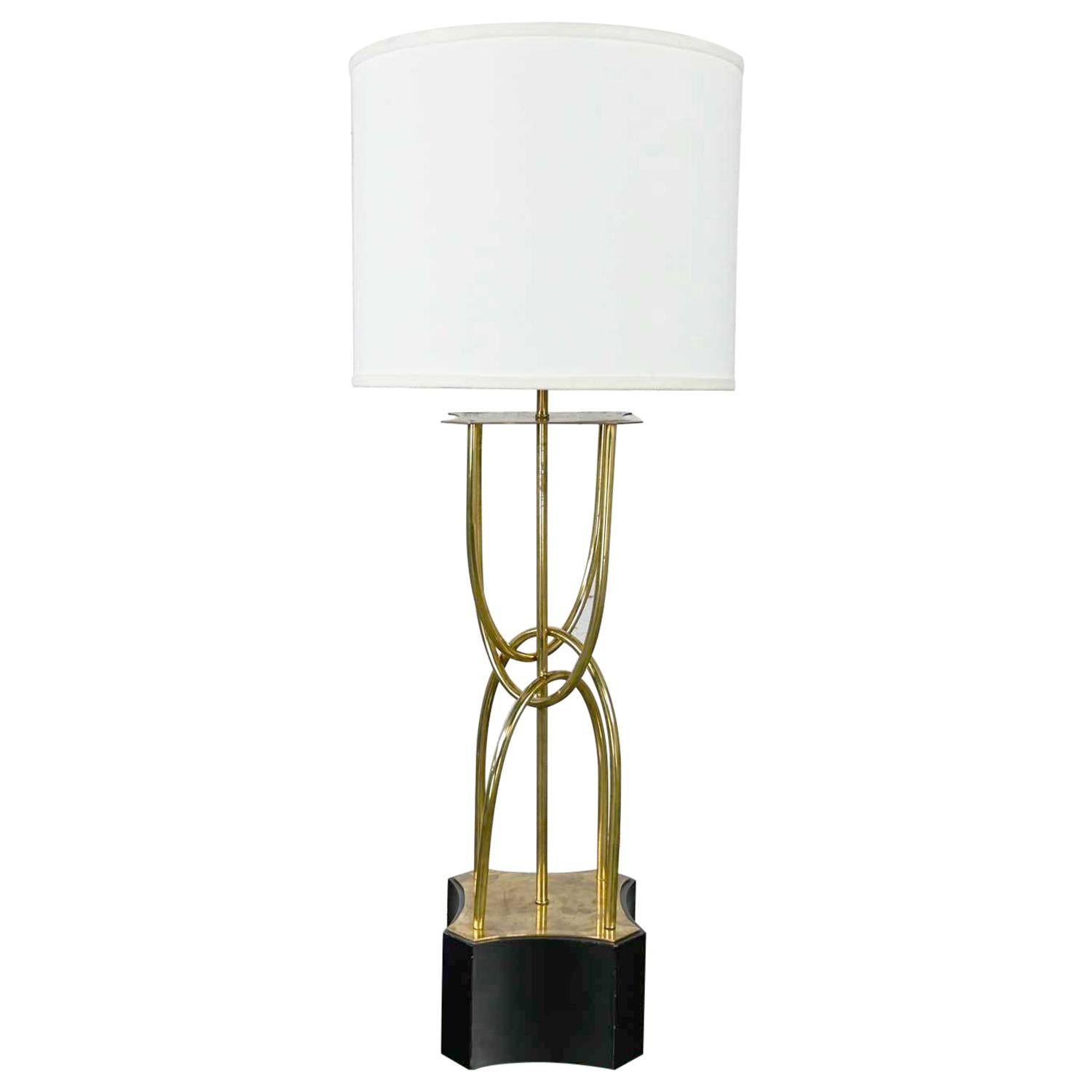 Mid-Century Modern Brass Looped Tube Table Lamp with Shade