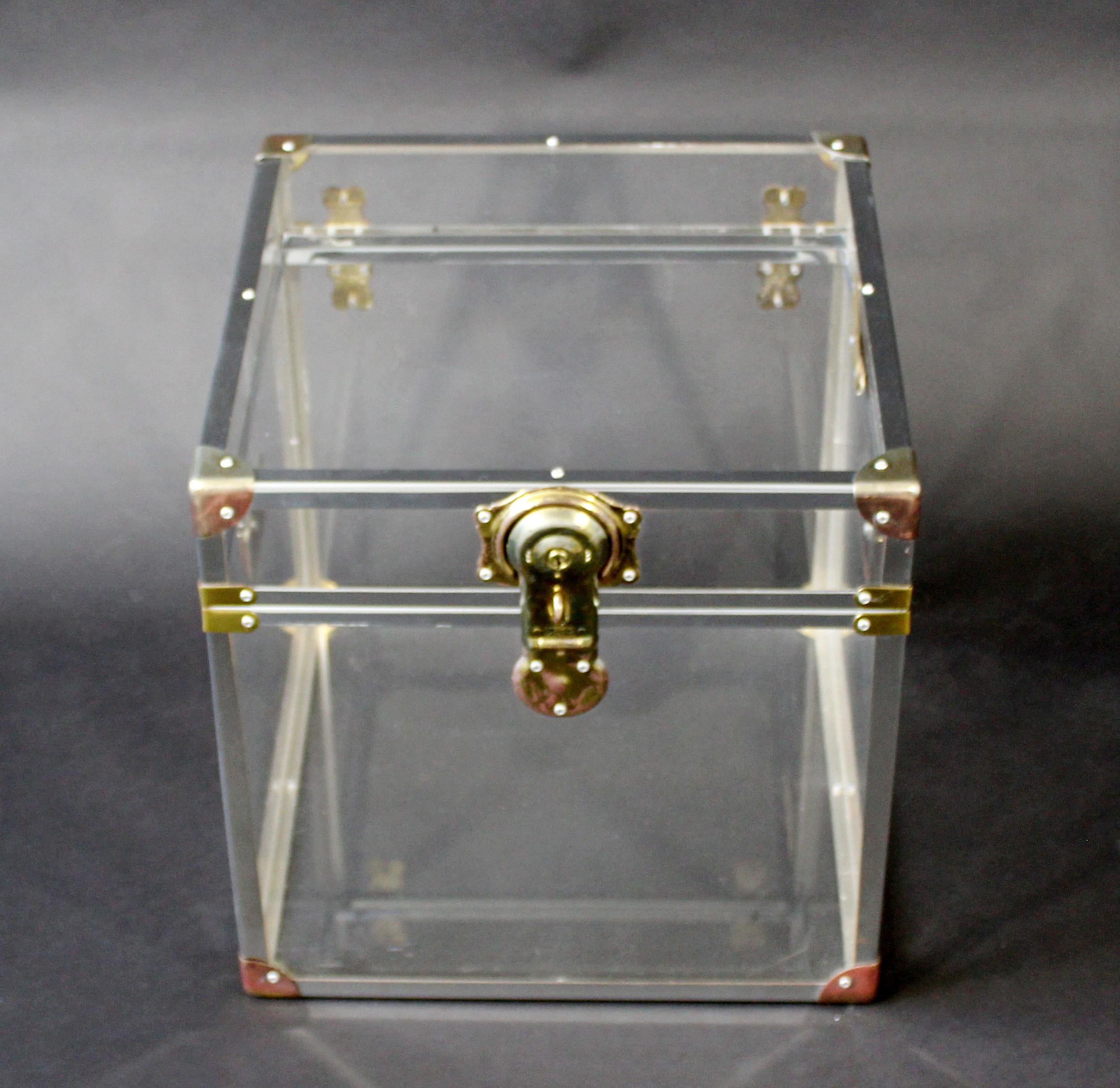 Mid-Century Modern Brass Lucite Acrylic Square Side End Cabinet Table, 1970s In Good Condition In Keego Harbor, MI